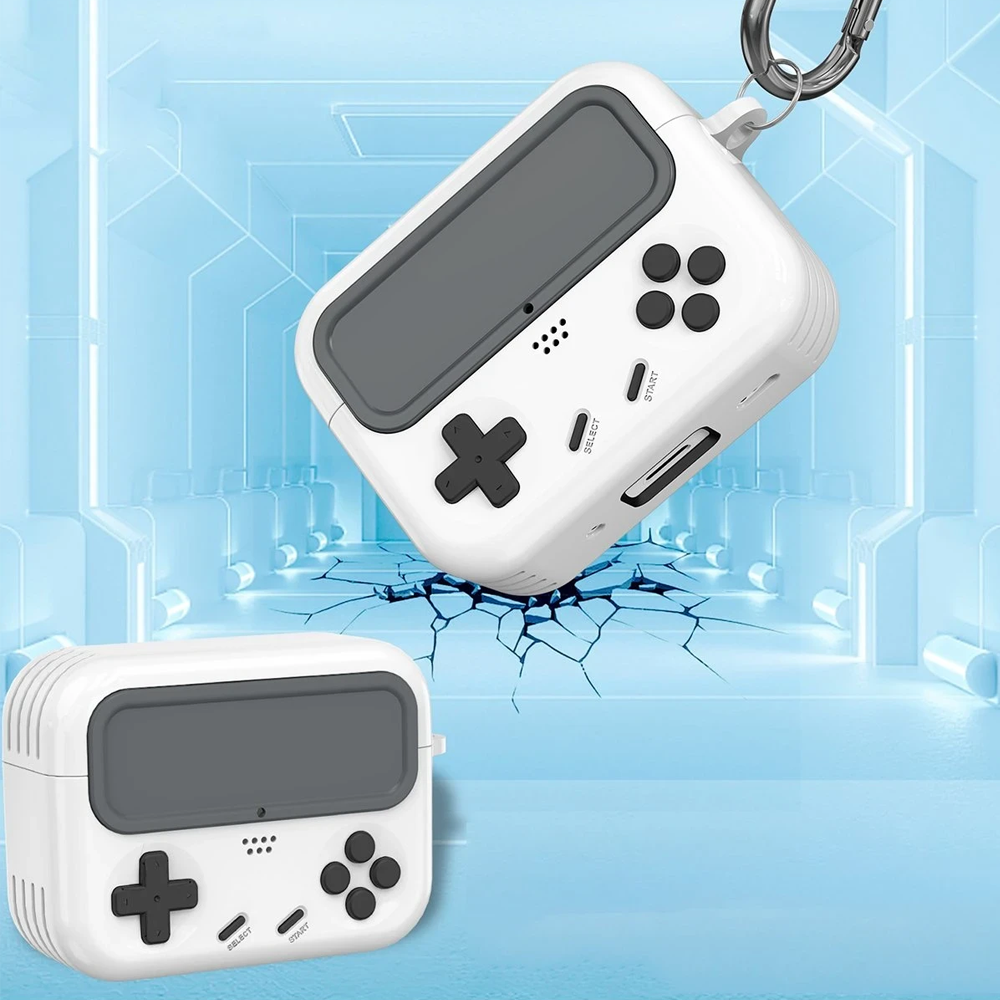D-pad ve düğmeli beyaz oyun kılıfı, arkada mavi koridorlar.