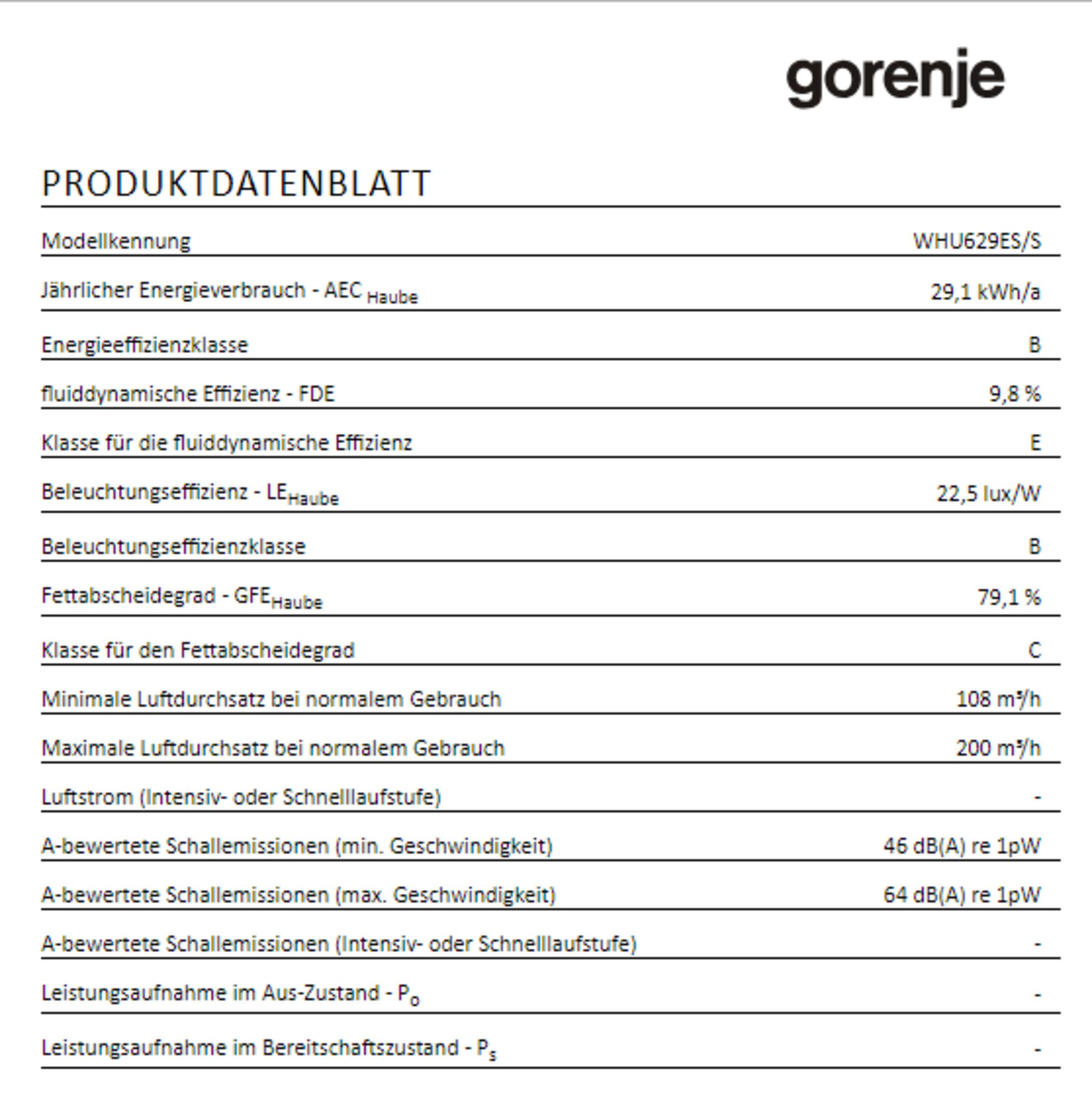 Gorenje Produktdatenblatt mit Modell, Energieverbrauch, Effizienzklassen, Schallpegeln.