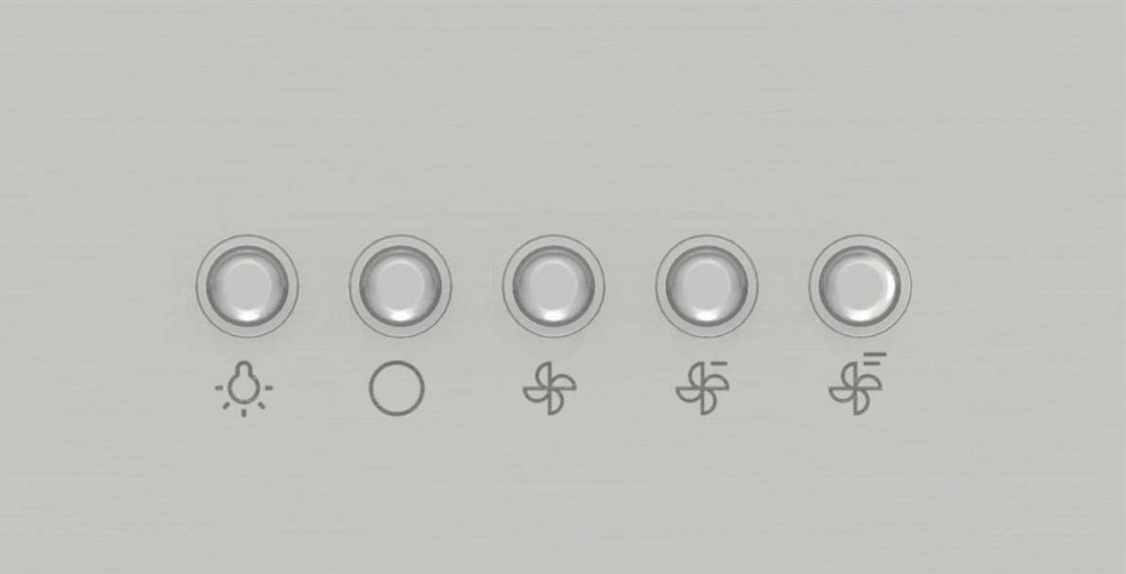 Fünf runde Knöpfe mit Symbolen: Licht, Kreis, Lüfter, Lüfter, Lüfter.