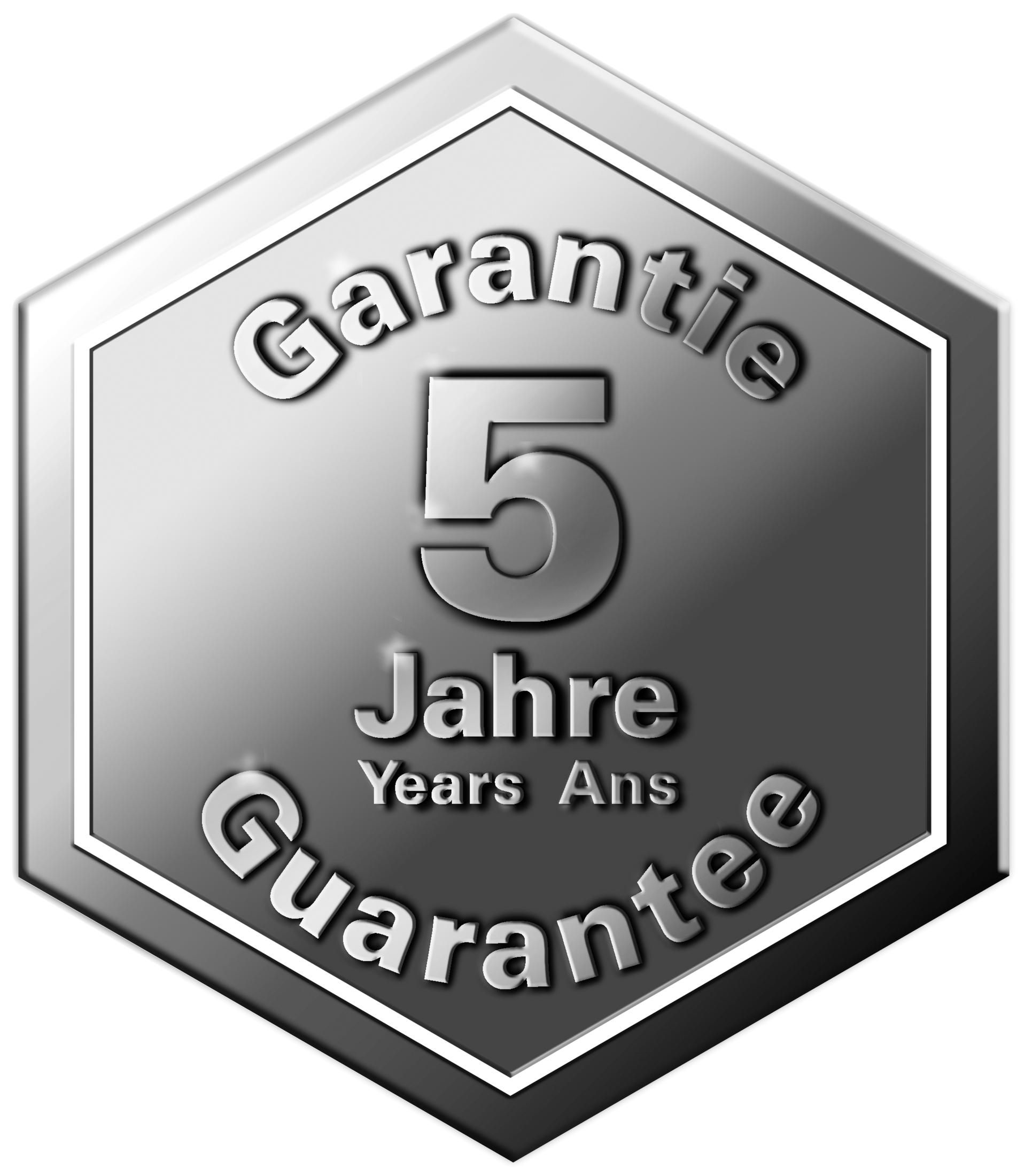 5 Jahre Garantie-Siegel in Silber. Text: Garantie, 5 Jahre, Guarantee.