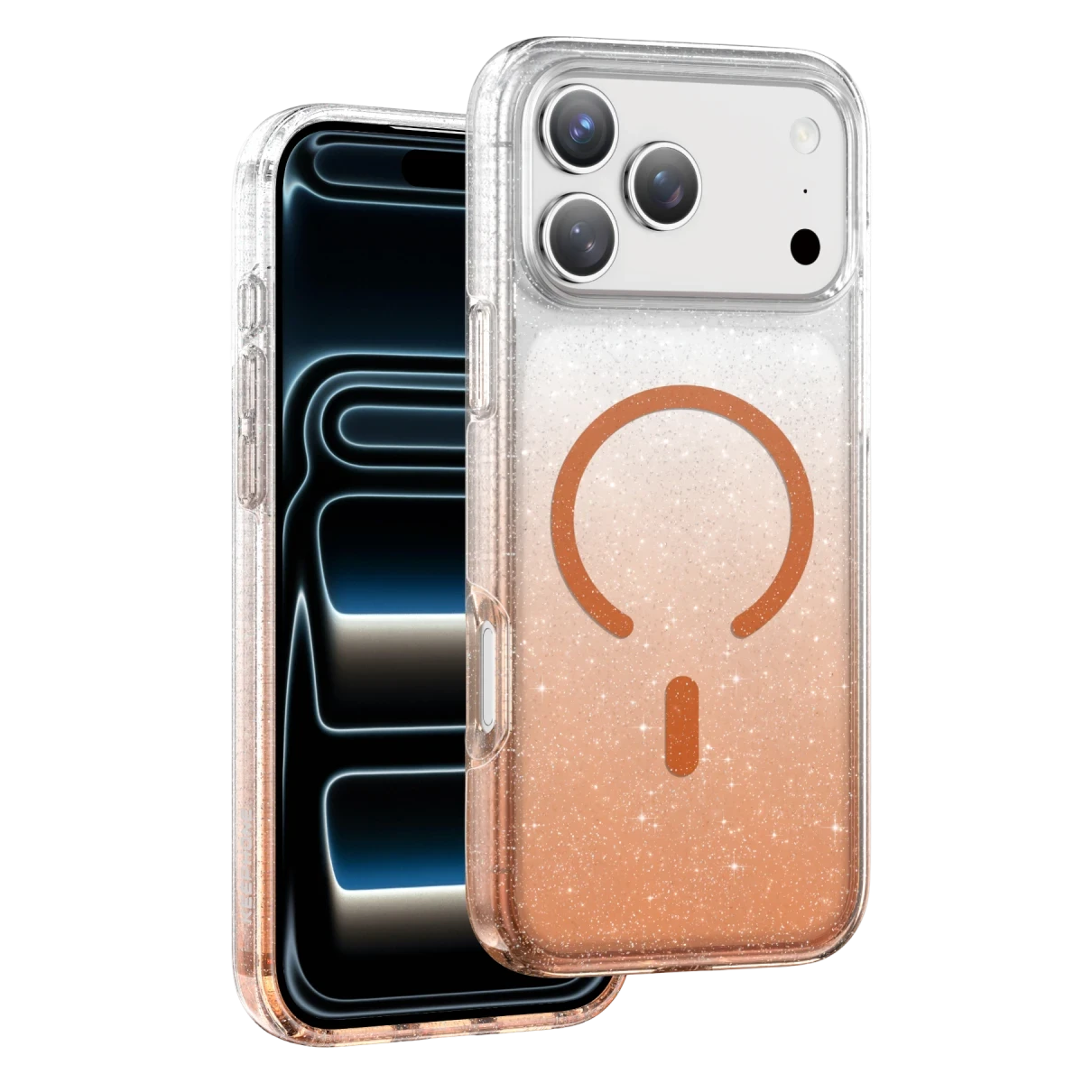 Turuncu degrade renkli, şeffaf, simli iPhone kılıfı, bir iPhone'u gösteriyor.