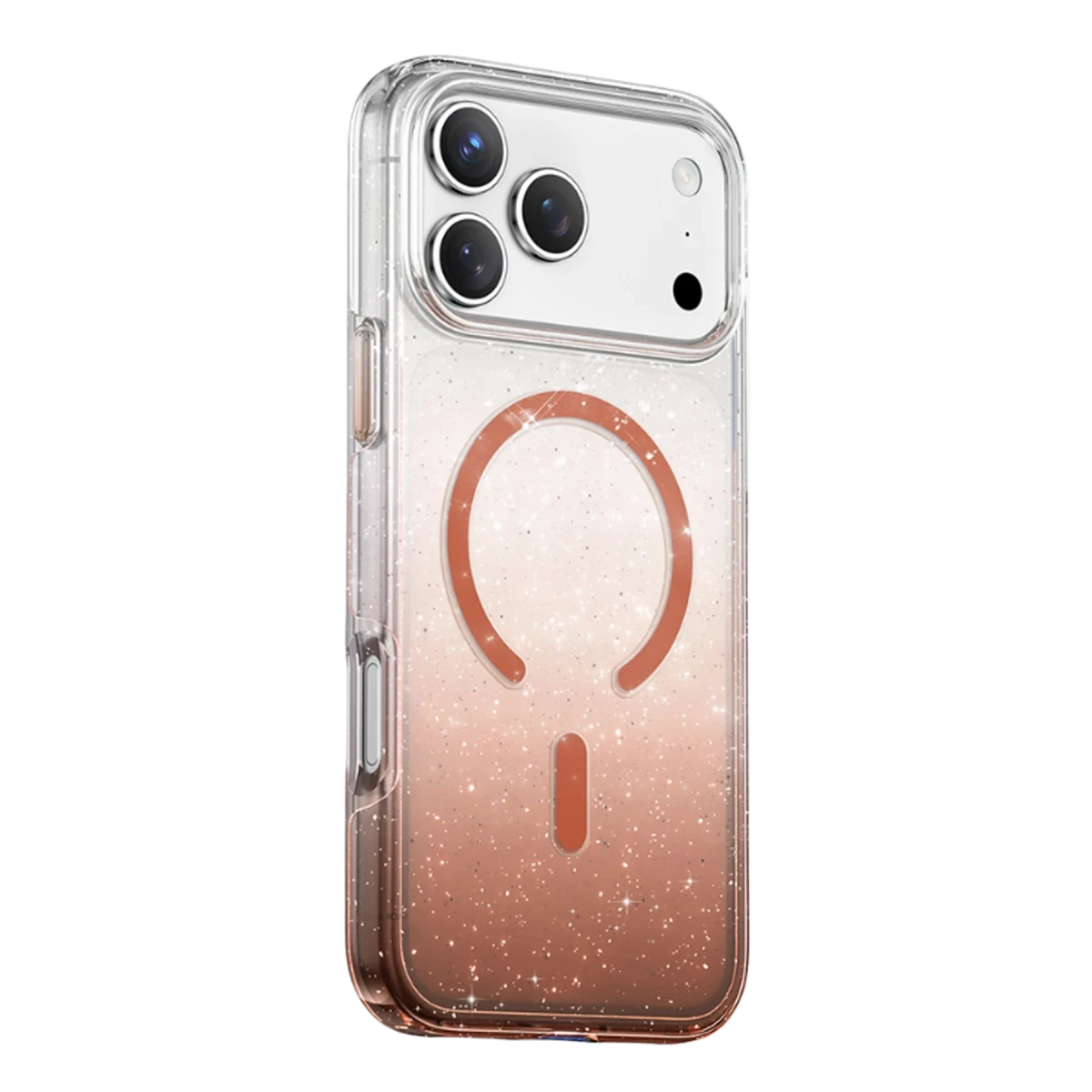 Roze altın degrade ve MagSafe halkalı şeffaf simli kılıf.