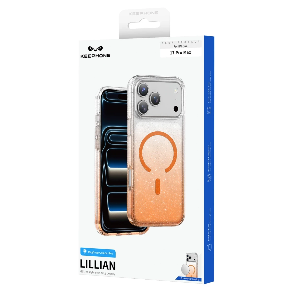 MagSnap özellikli iPhone 17 Pro Max kılıfı, turuncu simli degrade, şeffaf arka yüz.