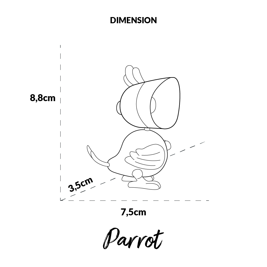 Disegno di un pappagallo giocattolo con dimensioni: altezza 8,8cm, larghezza 7,5cm, profondità 3,5cm.