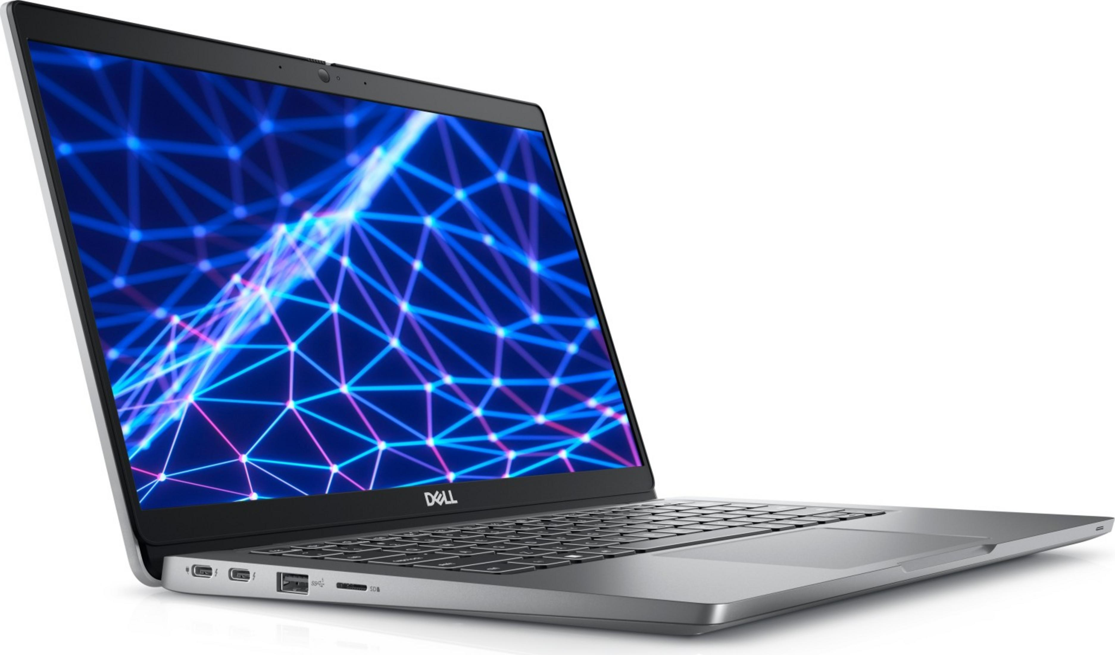 Un laptop Dell argentato con una grafica di rete blu e rosa.