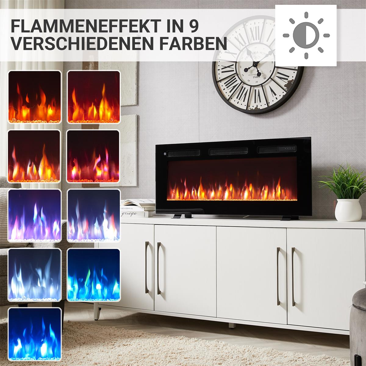 Ein elektrischer Kamin mit Flammen in verschiedenen Farben auf einem weißen Schrank.