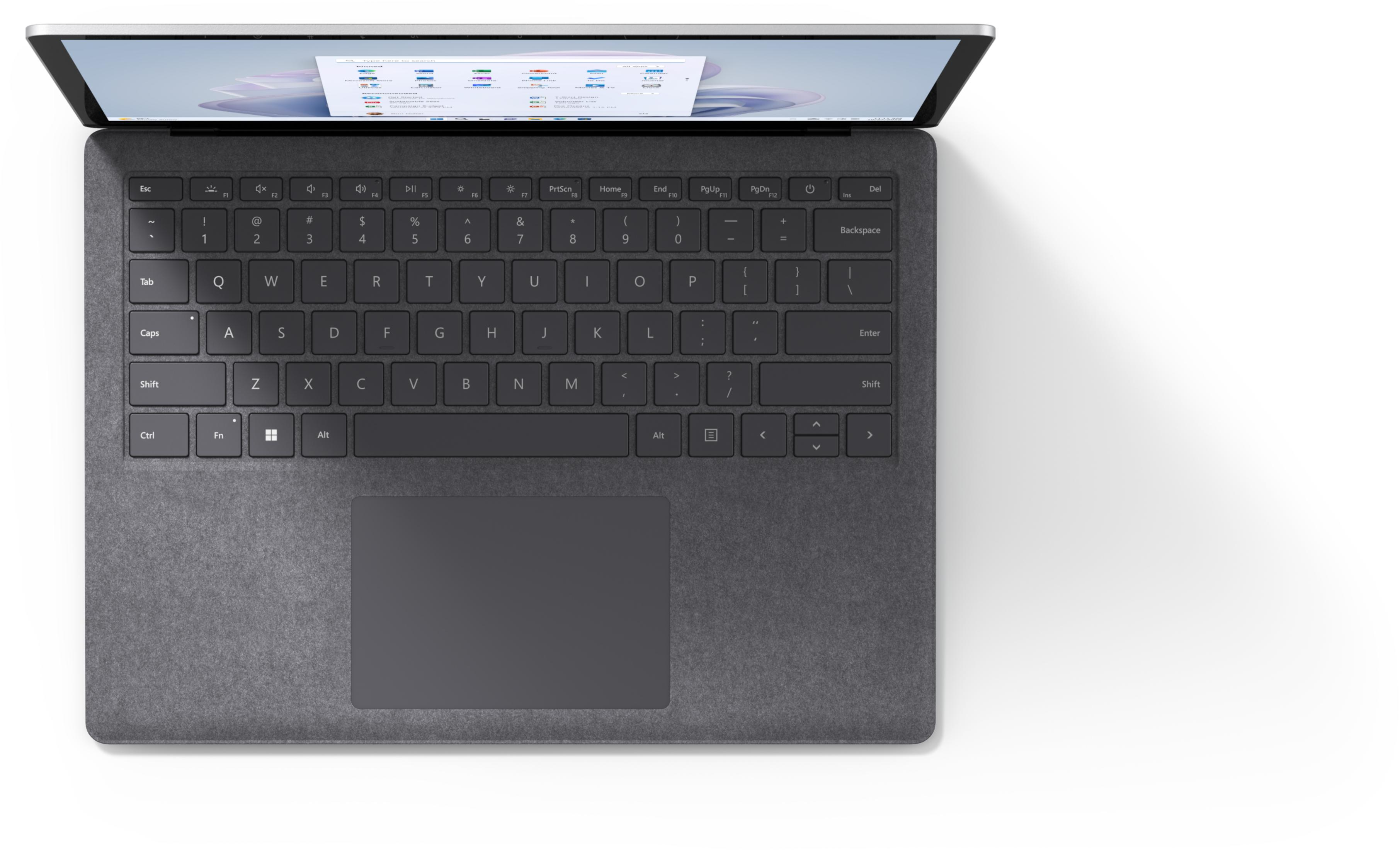 Draufsicht eines geöffneten Laptops mit grauer Tastatur und Touchpad auf weißem Hintergrund.