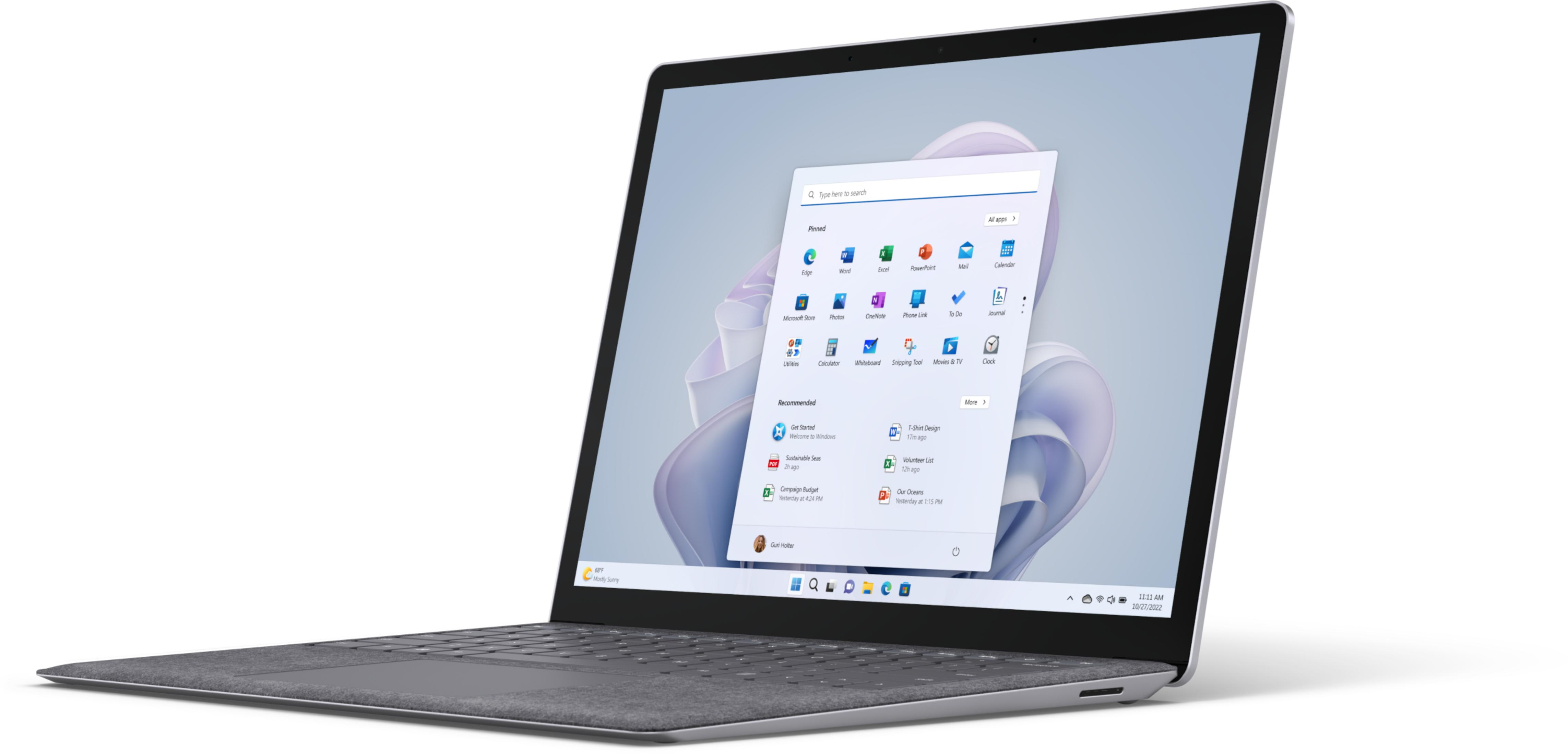 Ein graues Laptop mit einem geöffneten Startmenü und einer Desktop-Oberfläche.