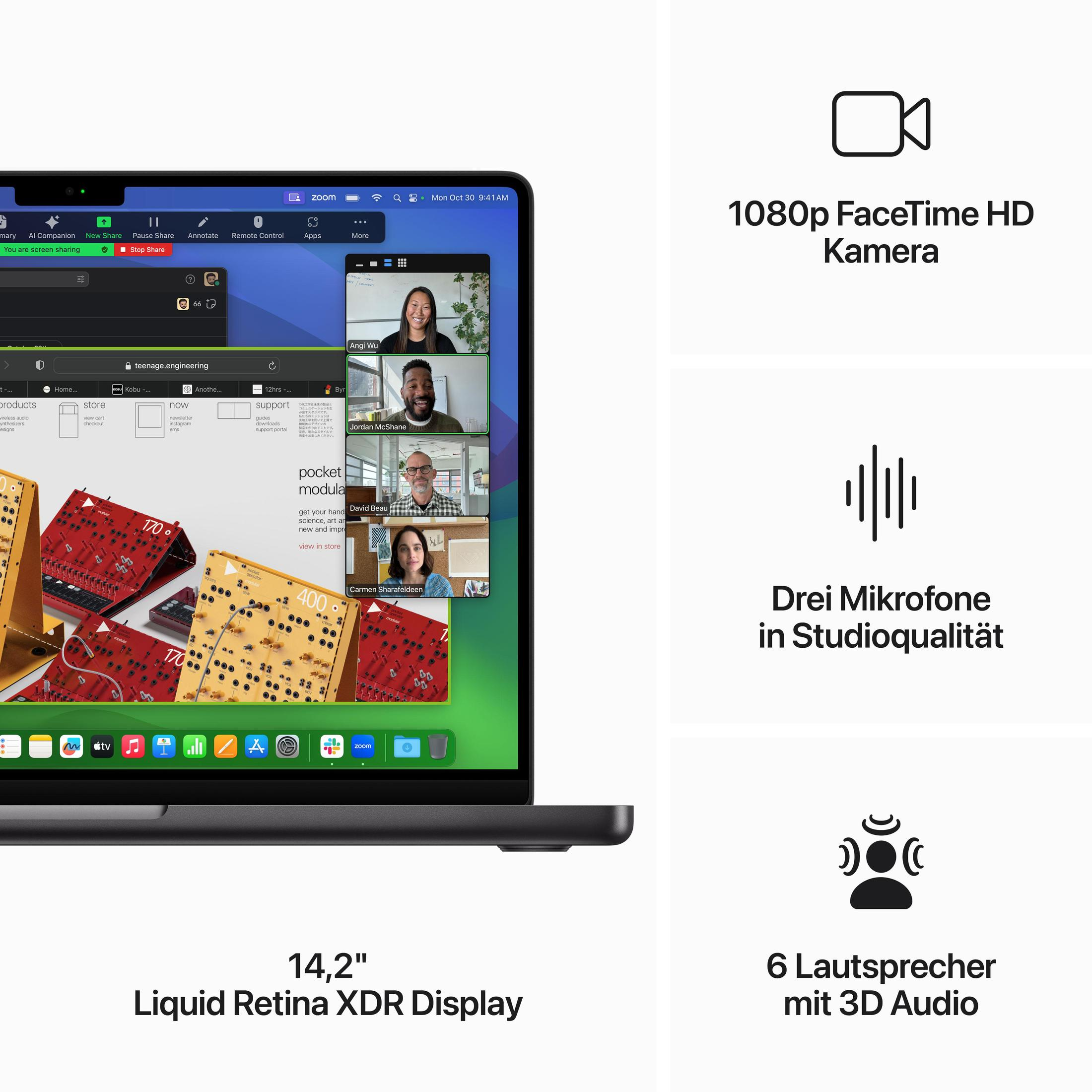 MacBook z rozmową Zoom, kamerą FaceTime HD 1080p, 3 mikrofonami, 6 głośnikami.