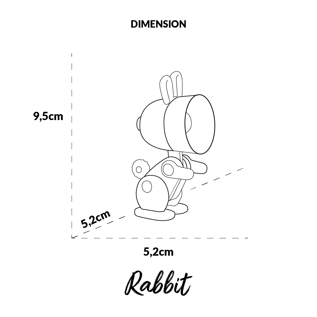 Un disegno schematico di un coniglio giocattolo con dimensioni.