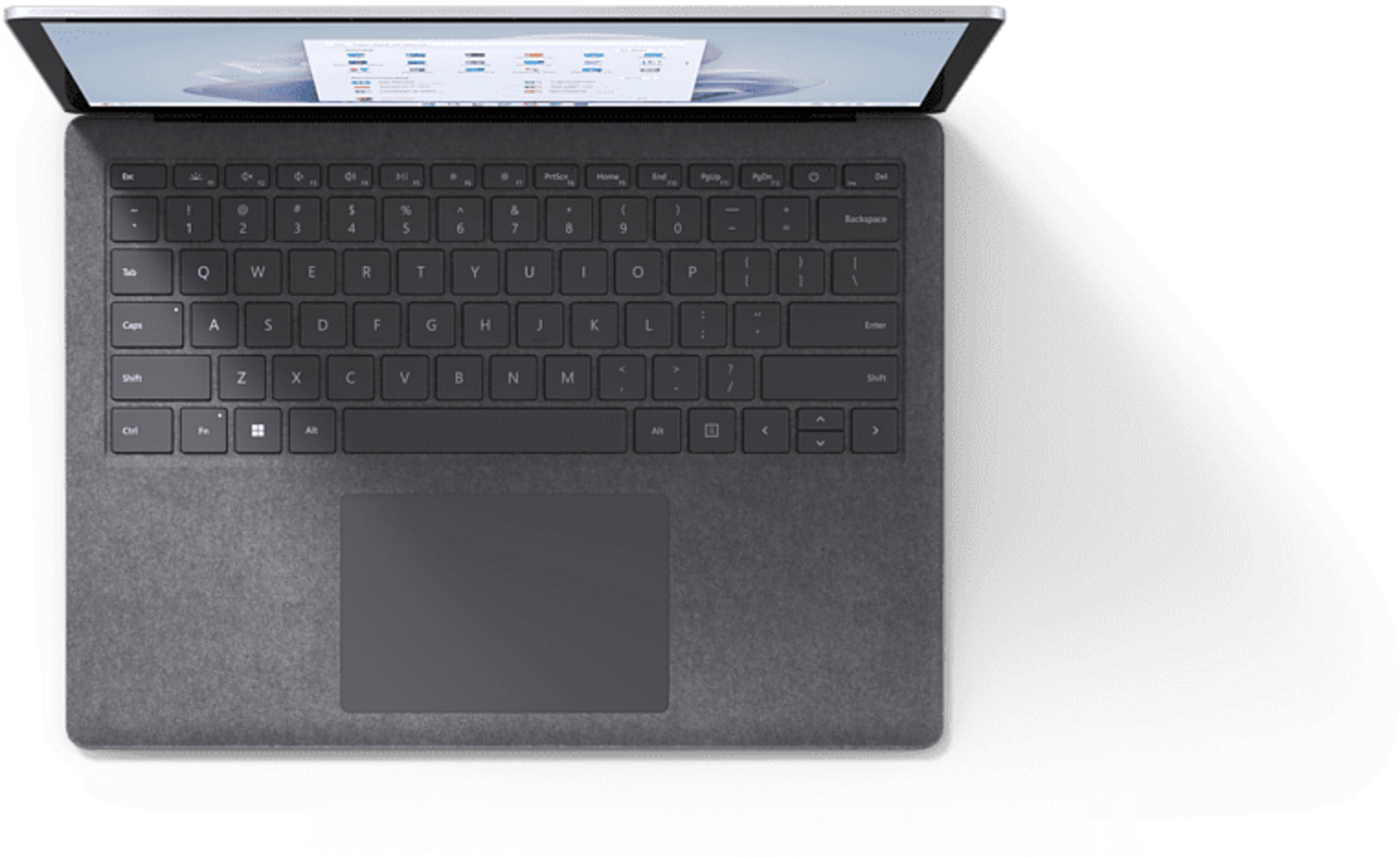 Graues Laptop mit geöffnetem Bildschirm, Tastatur und Touchpad.