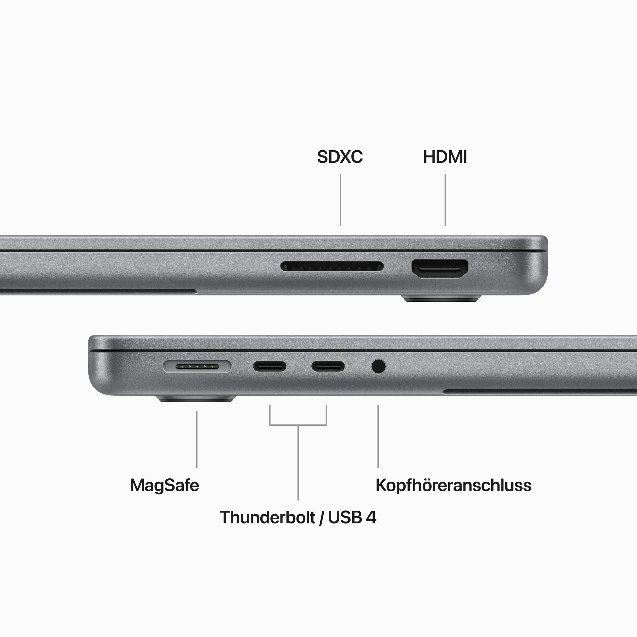 Die Seitenansicht eines grauen Laptops mit Anschlüssen: SDXC, HDMI, MagSafe, Thunderbolt/USB 4, Kopfhöreranschluss.