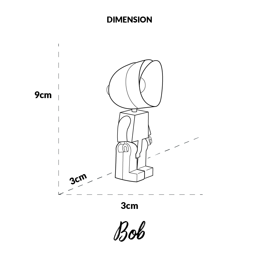 Un disegno al tratto di un personaggio di nome Bob, alto 9cm e largo 3cm.