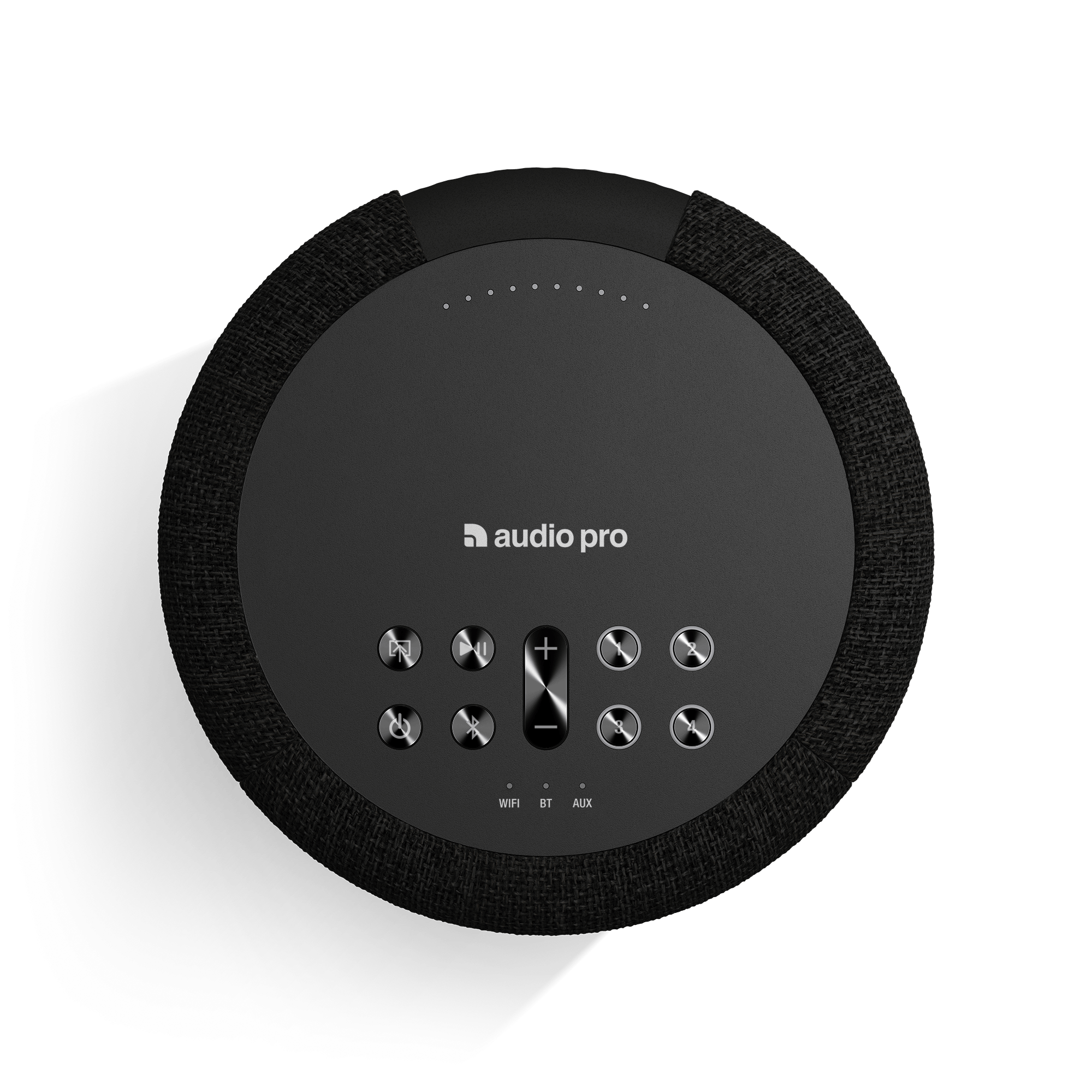 Zwarte ronde luidspreker met bedieningsknoppen en logo.
