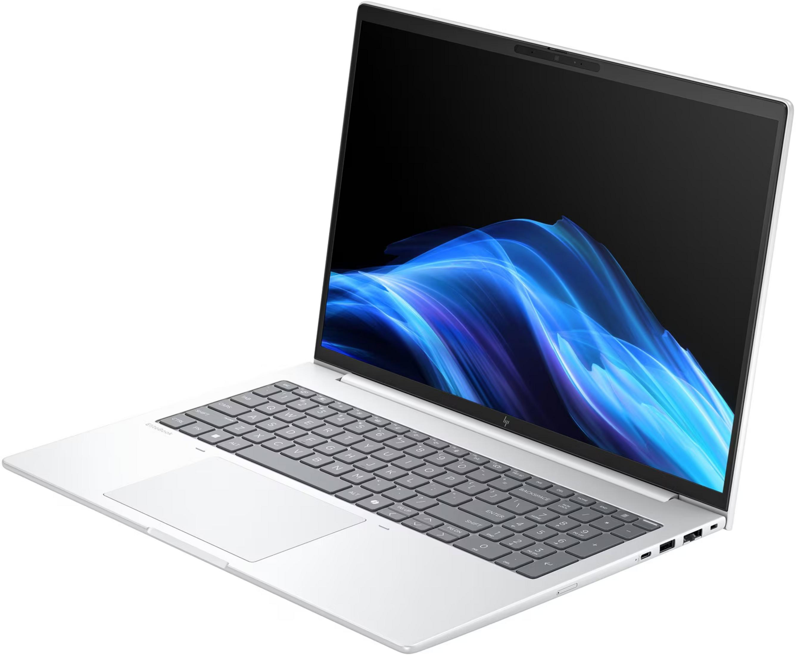 Un laptop HP EliteBook argentato è aperto, mostra tastiera e schermo con onde astratte blu.