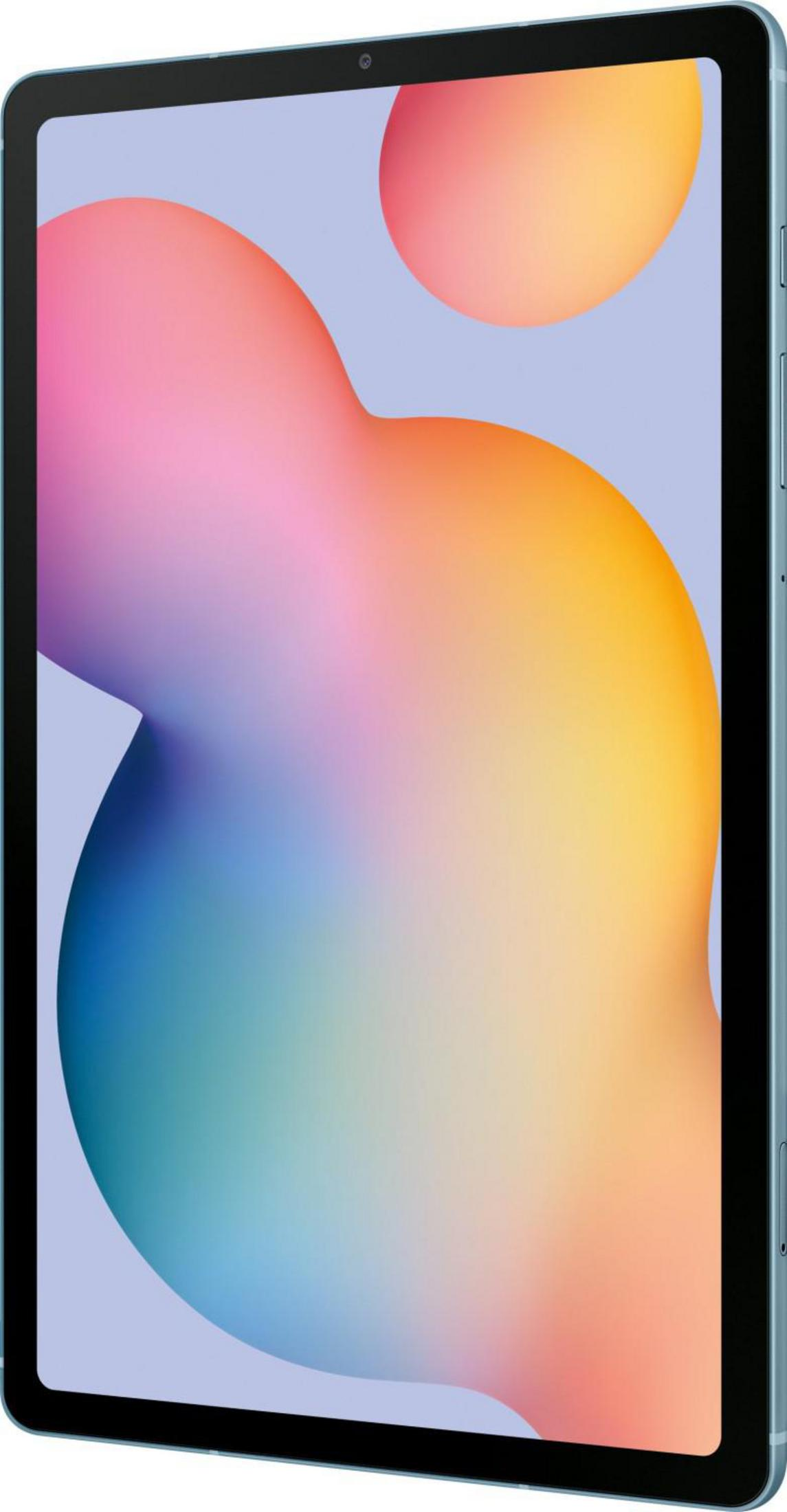 Ein hellblaues Tablet mit einem bunten Hintergrundbild.