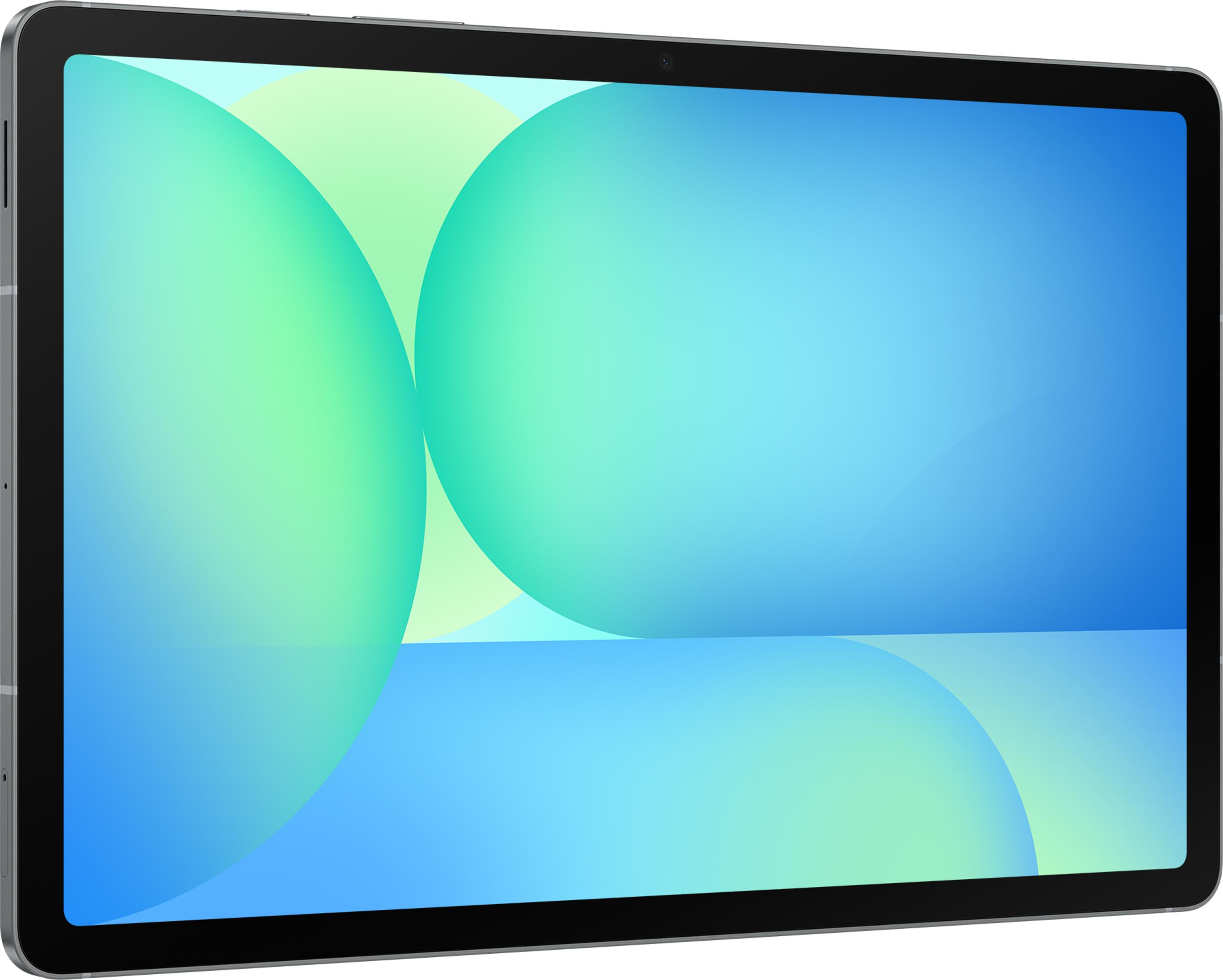 Szary tablet z niebiesko-zielonym tłem.