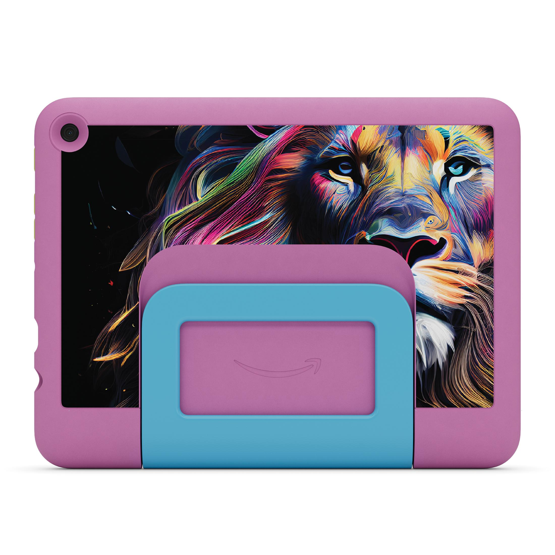 Tablet viola con disegno di leone colorato e supporto blu.
