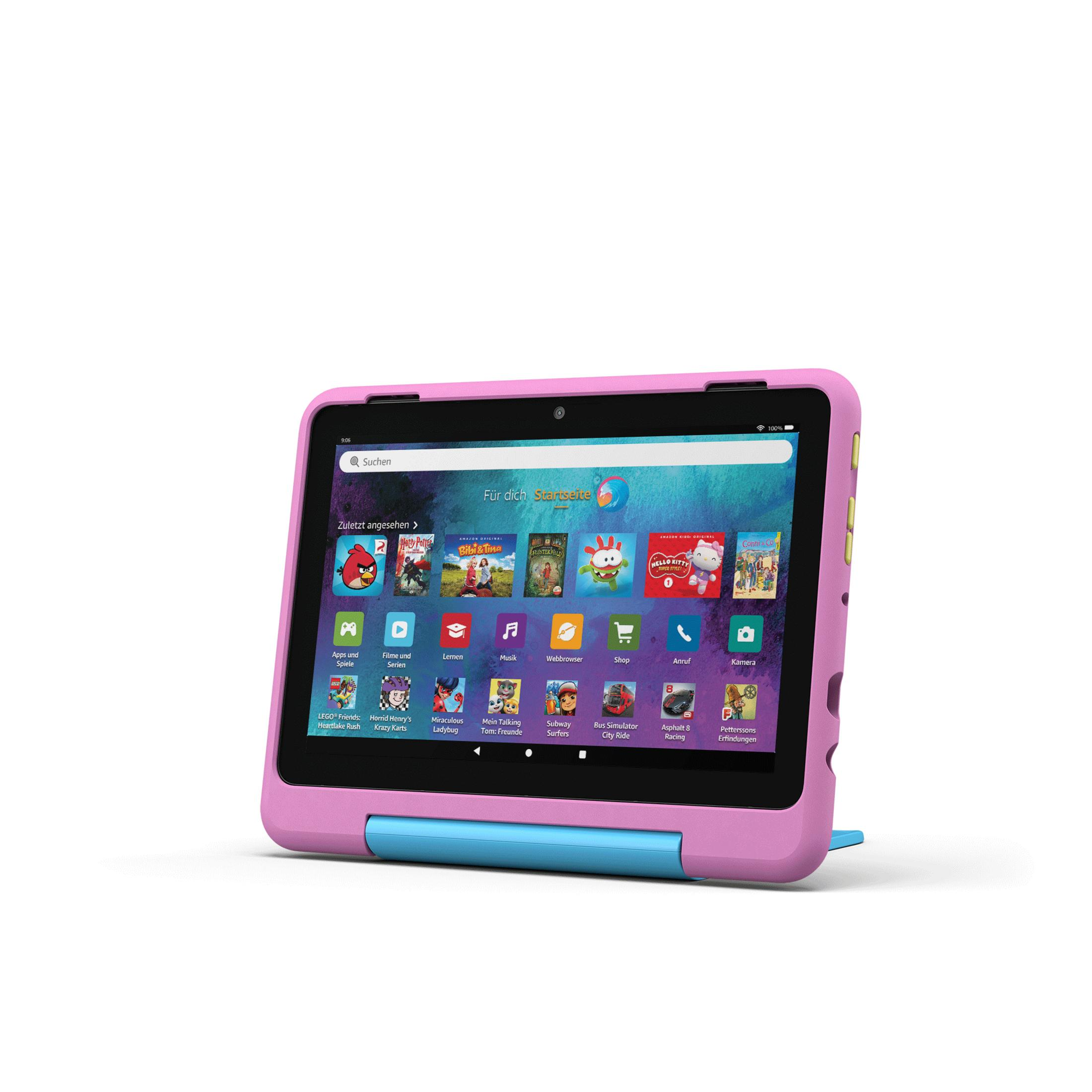 Un tablet rosa con supporto blu mostra app come Angry Birds e Hello Kitty.
