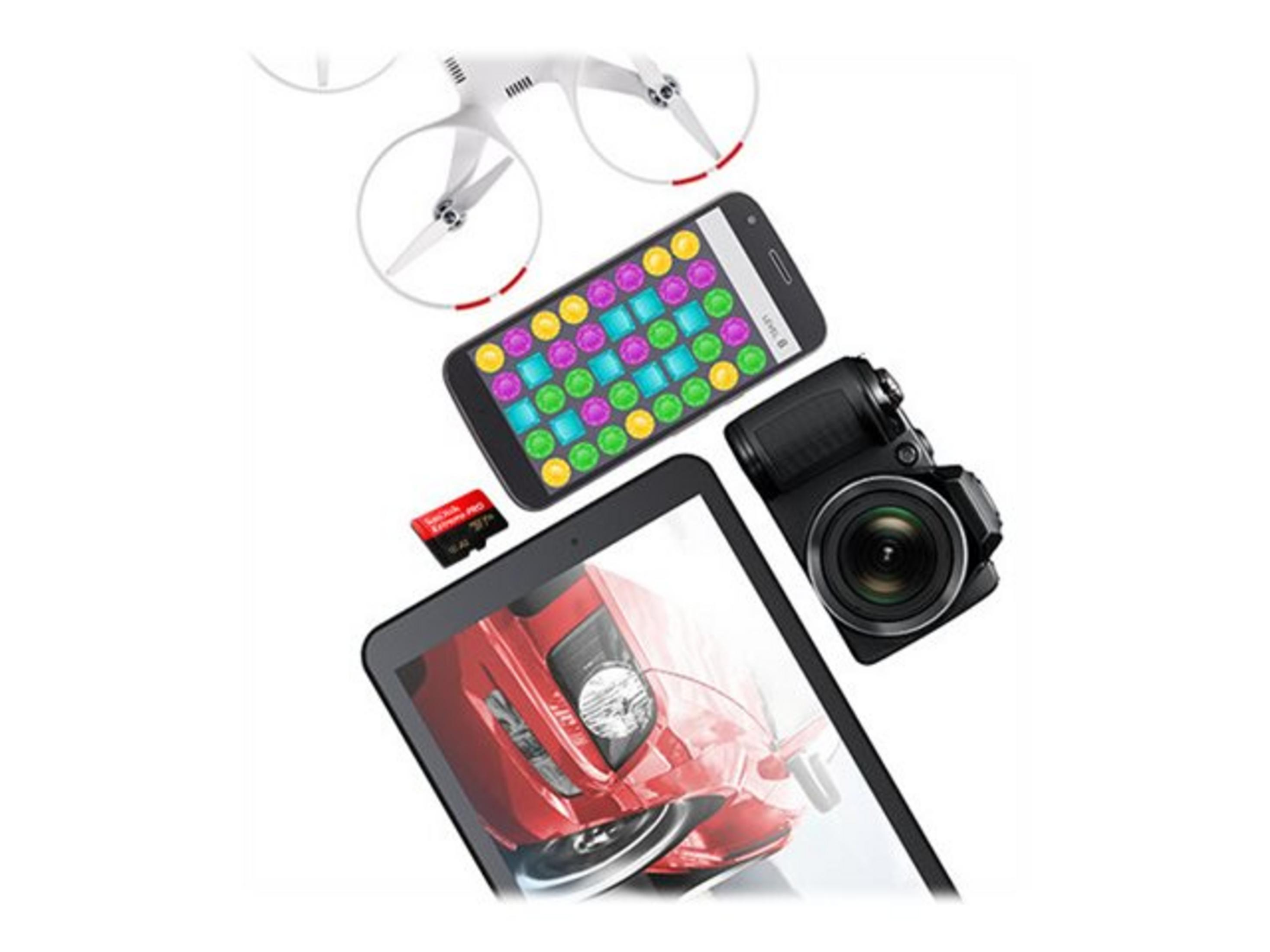 Drohne, Smartphone mit Spiel, Kamera, SD-Karte und Tablet mit rotem Auto.