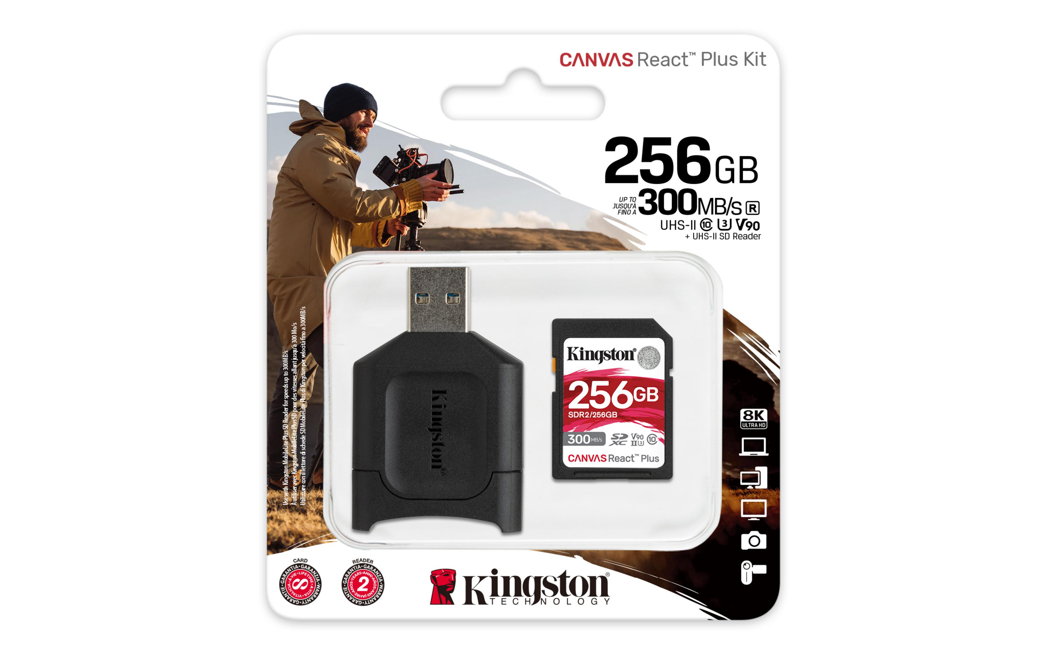 Scheda SD Kingston da 256 GB con lettore UHS-II, 300 MB/s, V90.