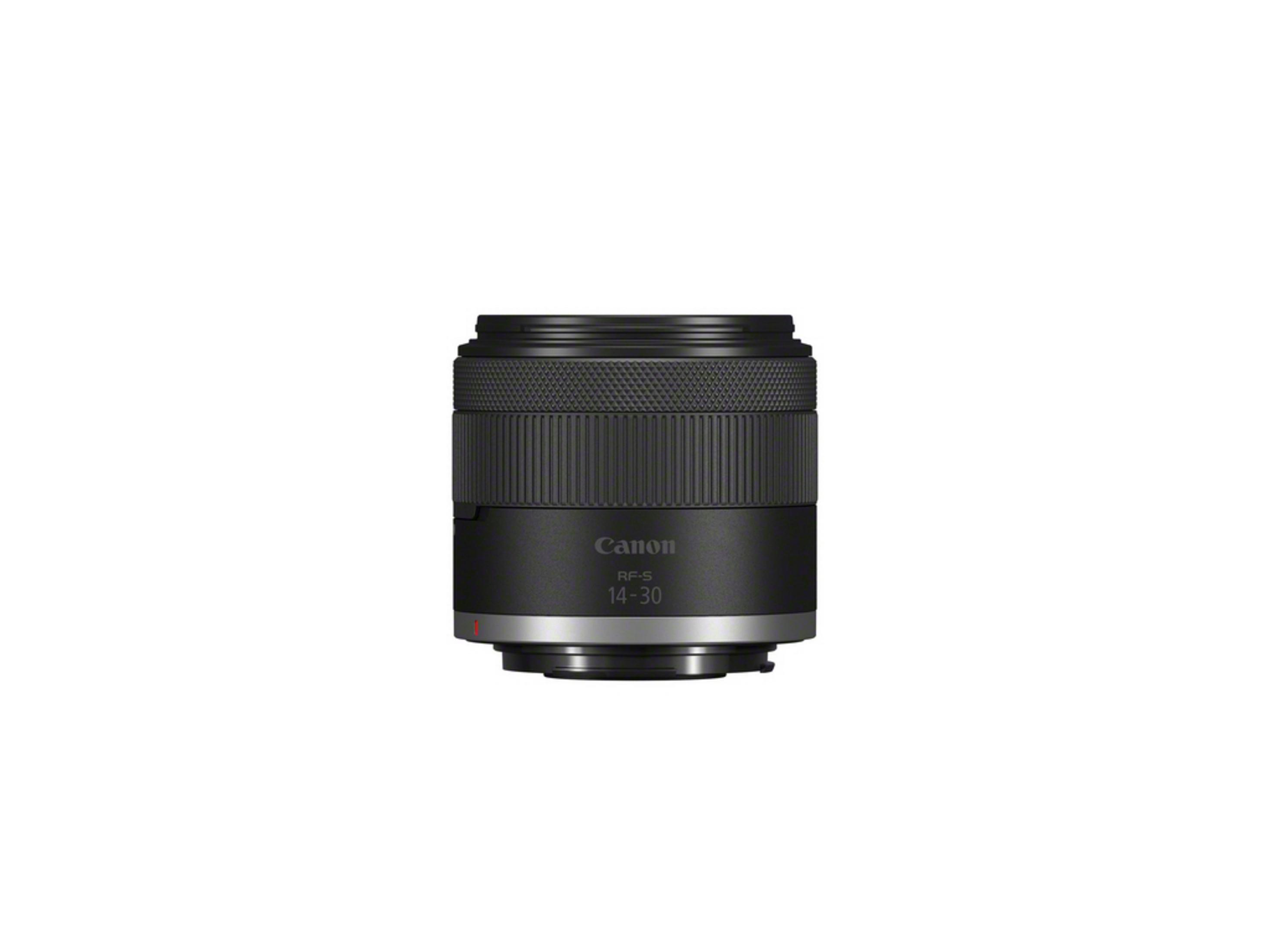Een zwarte Canon RF-S 14-30mm cameralens met geribbelde ringen.
