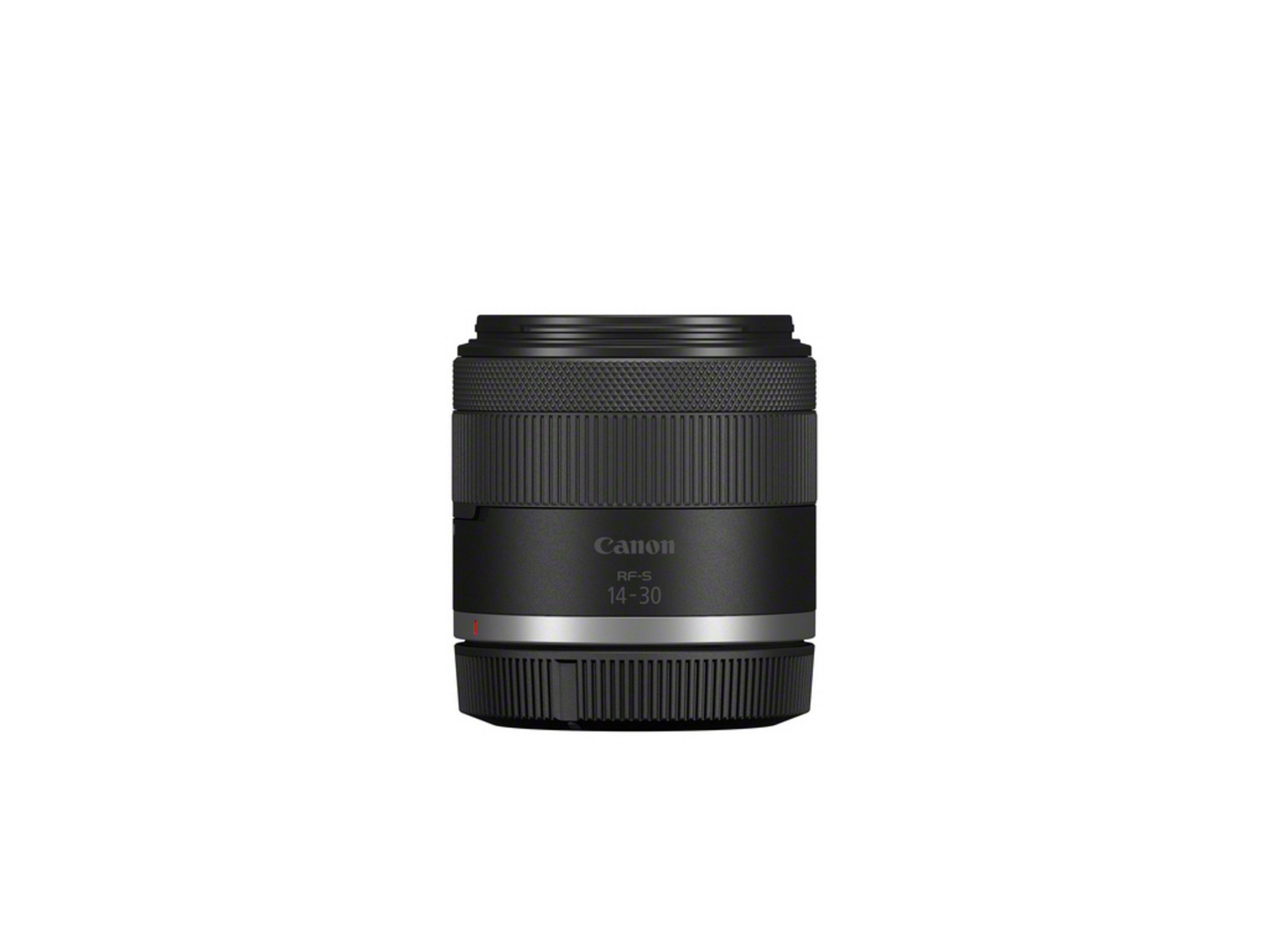 Een zwarte Canon RF-S 14-30mm lens met focus- en zoomringen.