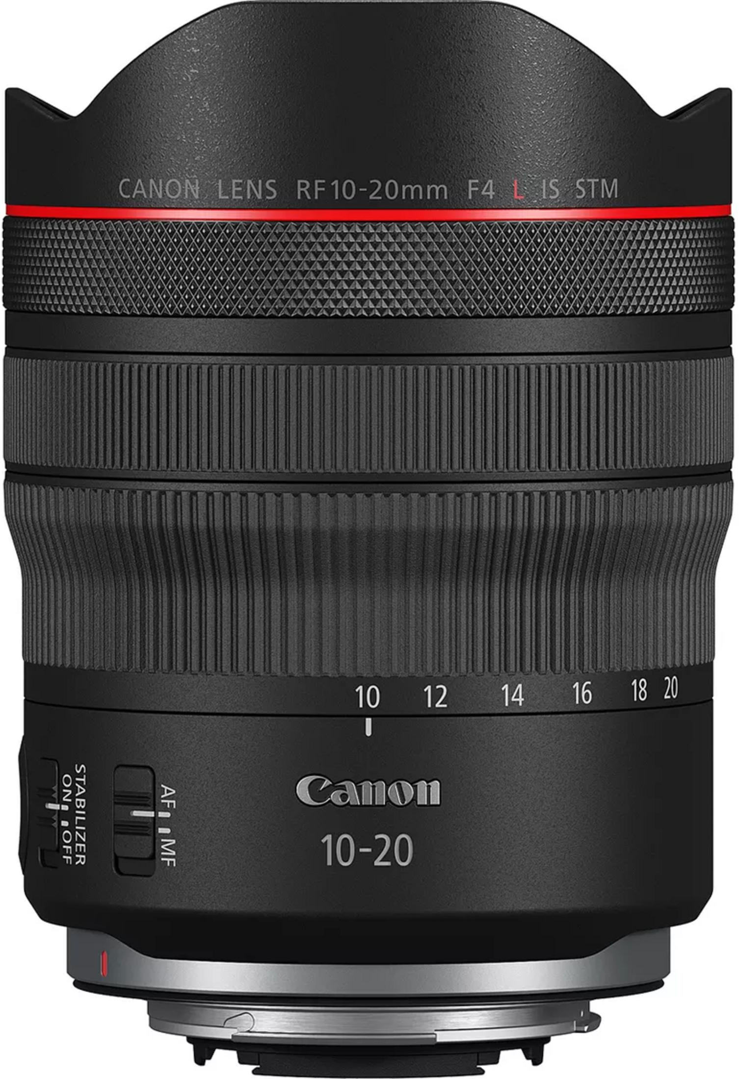 Zwarte CANON RF 10-20mm F4 L IS STM lens met focus- en zoomringen.