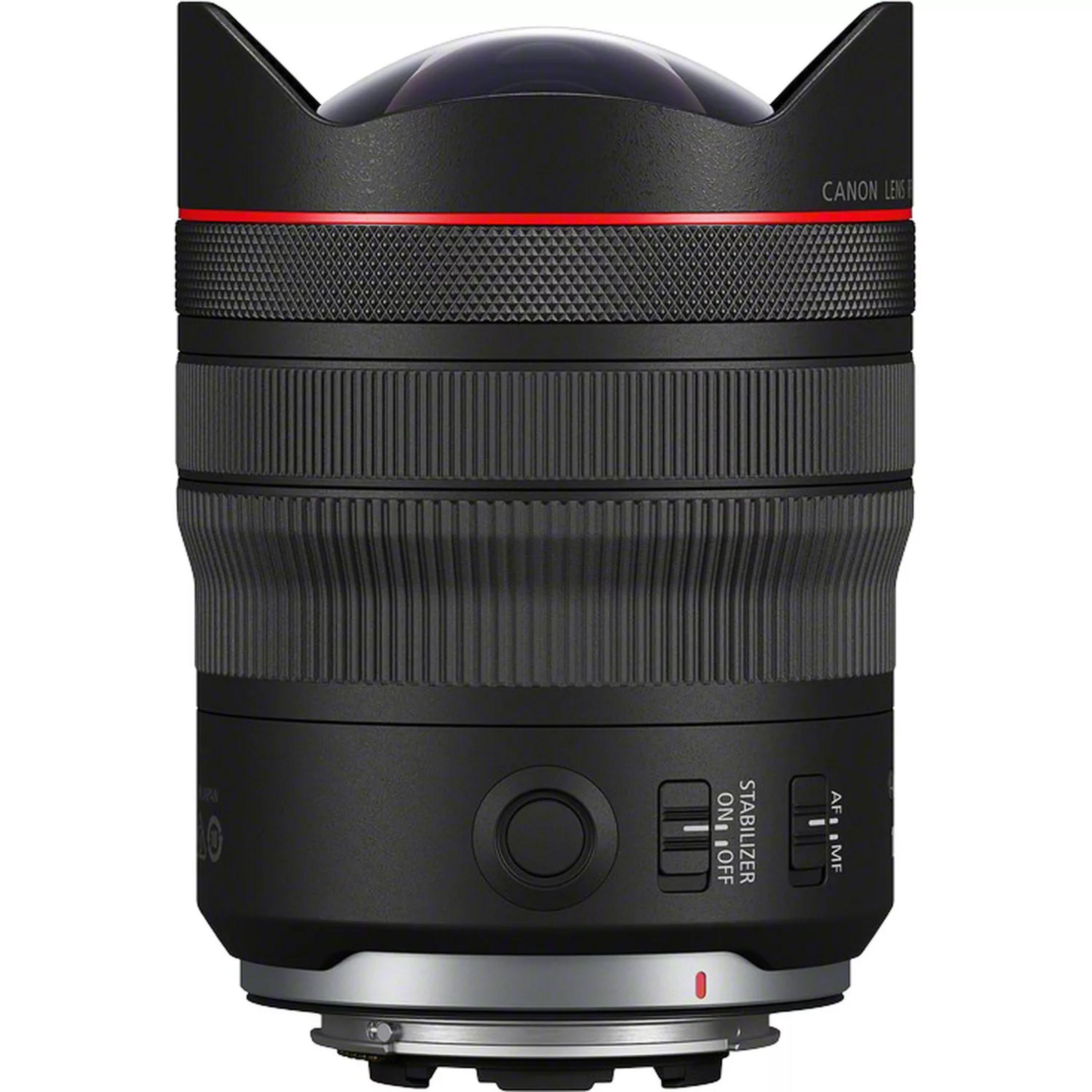 Zwarte Canon lens met rode ring en focus/stabilisator schakelaars.