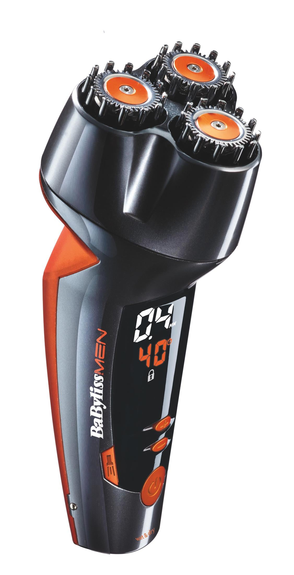 Una afeitadora eléctrica negra y naranja con tres cabezales de corte redondos.