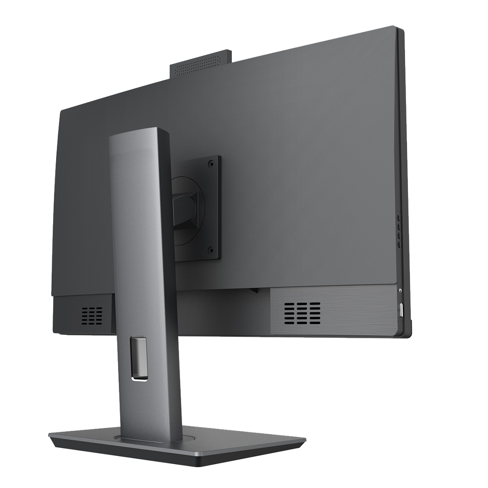 Vista posteriore di un monitor grigio con supporto e fessure di ventilazione.