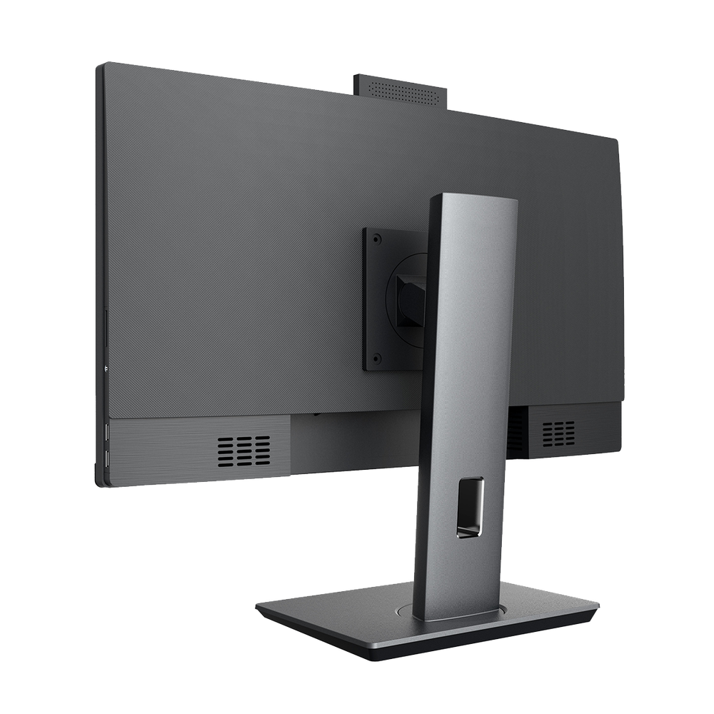 Il retro di un monitor nero con supporto argentato e fessure di ventilazione.