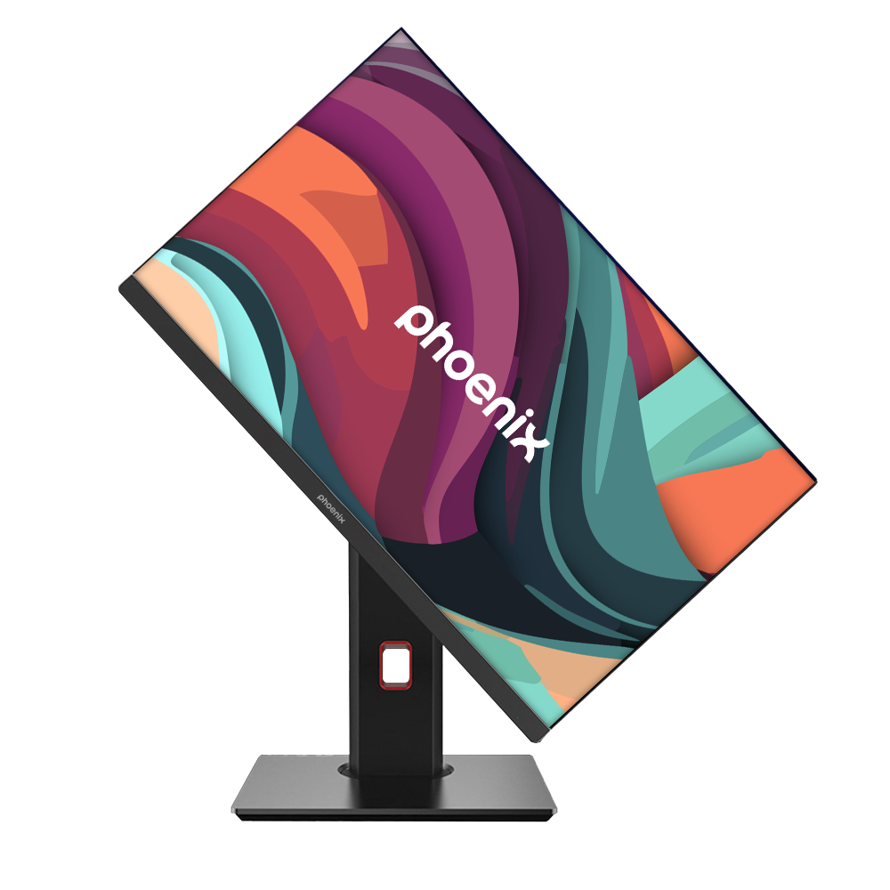 Un monitor nero con uno sfondo astratto colorato e il logo Phoenix.