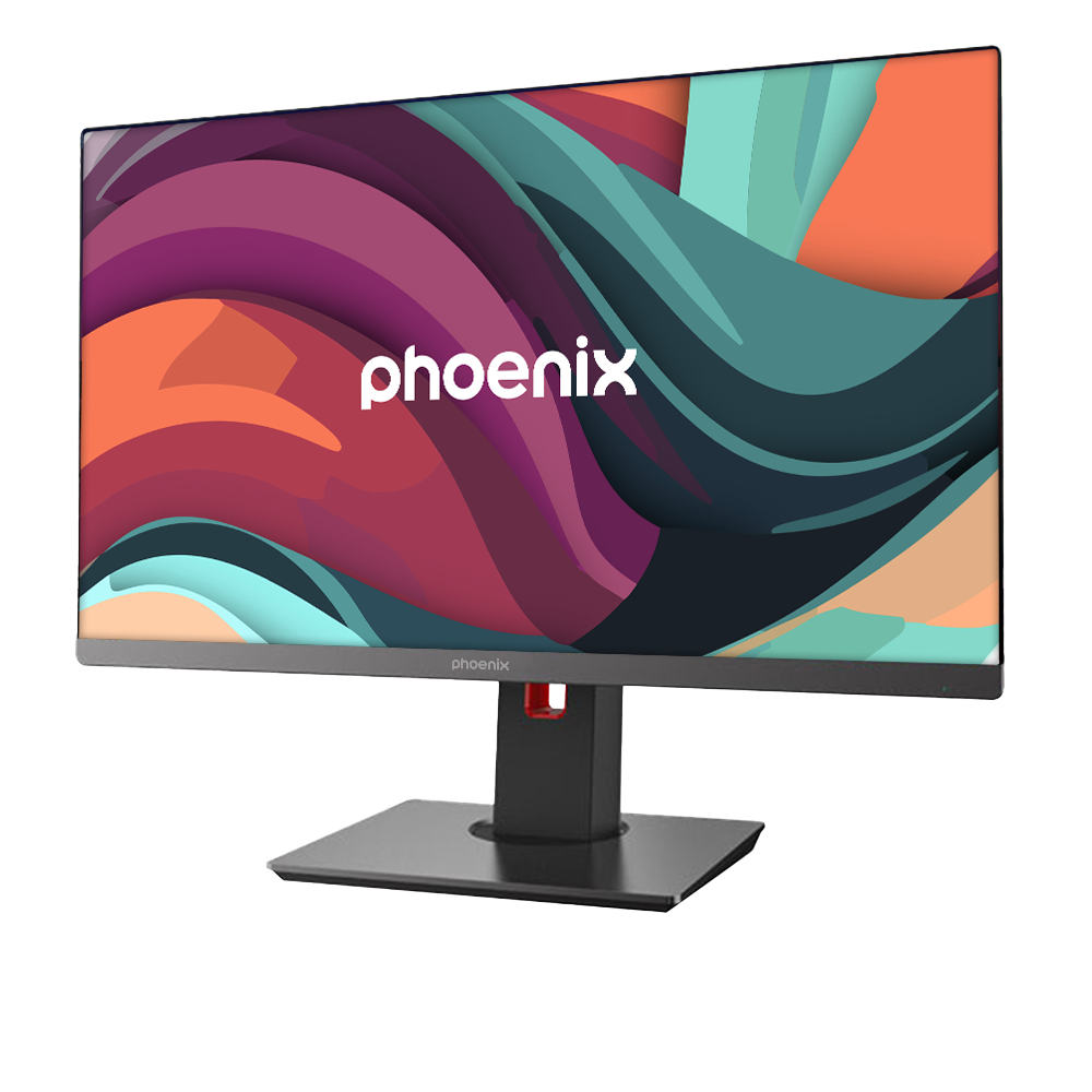 Un monitor moderno con uno sfondo astratto e colorato con il logo Phoenix.