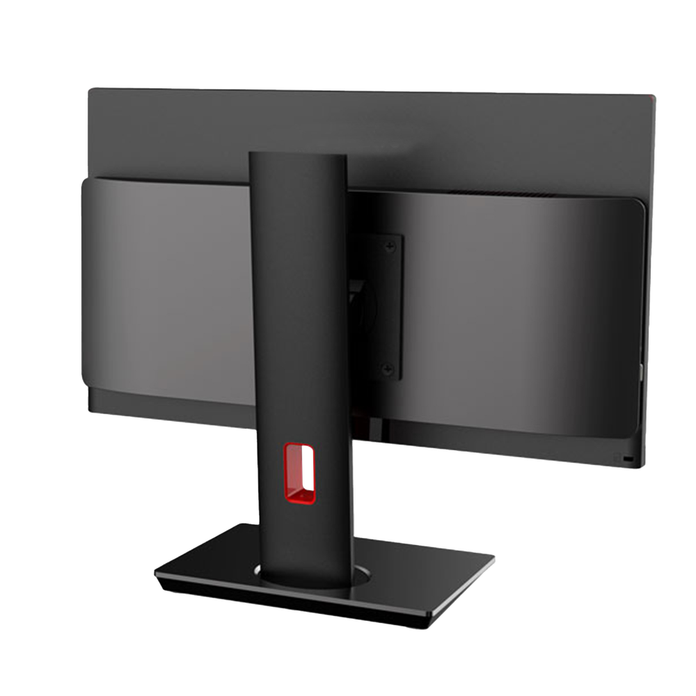 Vista posteriore di un monitor nero con accento rosso sul supporto.