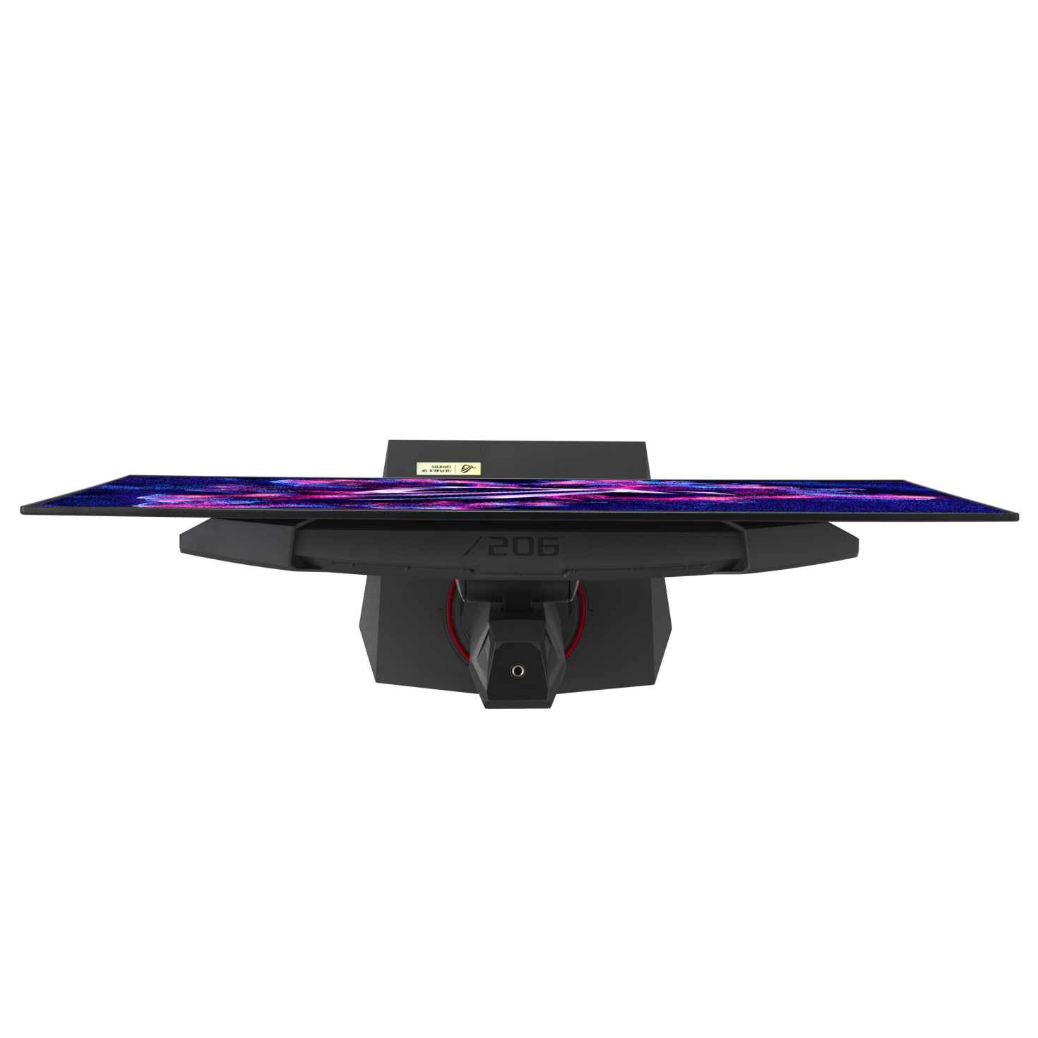 Monitor gamingowy z żywą fioletowo-niebieską tapetą.