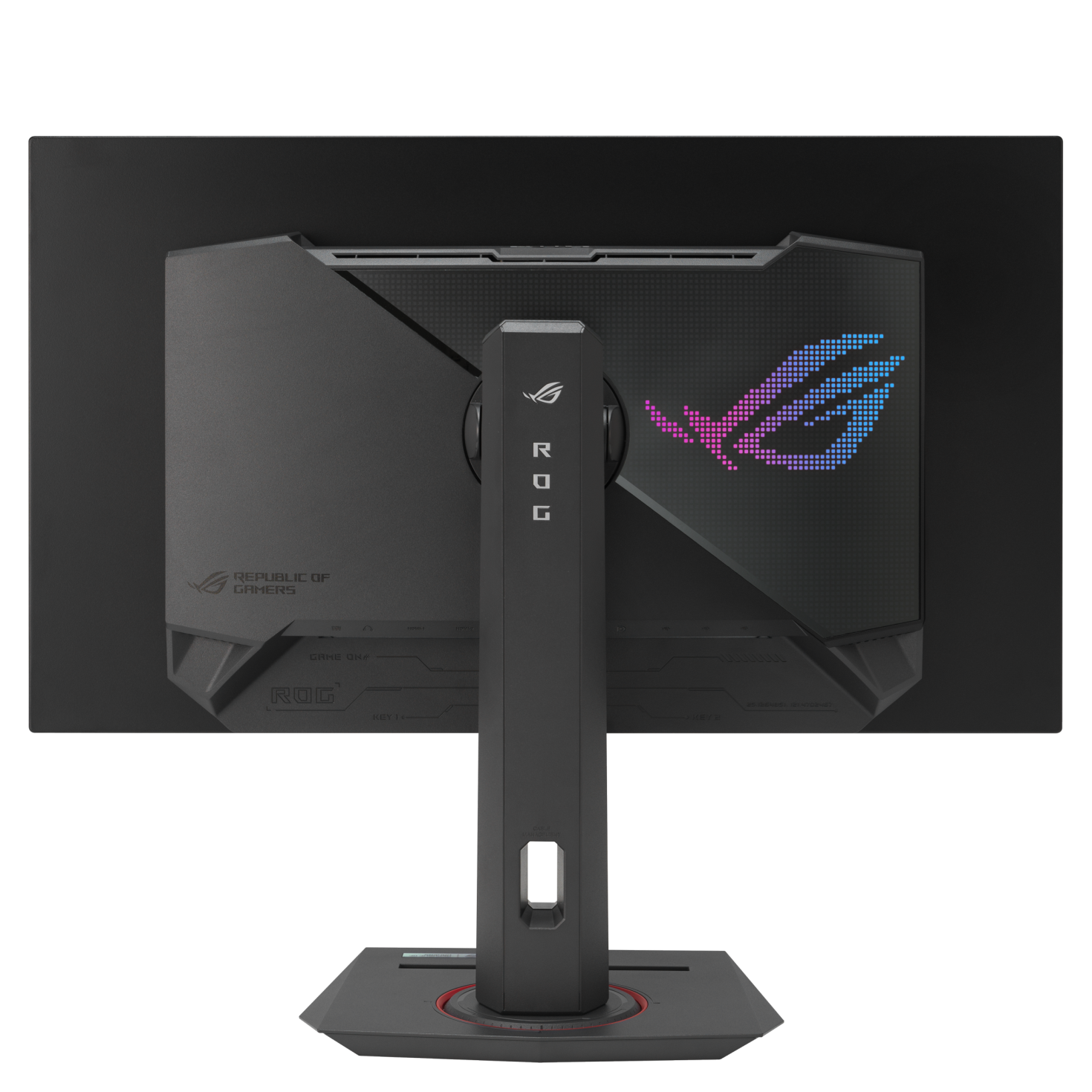 Tył czarnego monitora z podświetlanym na RGB logo ROG.