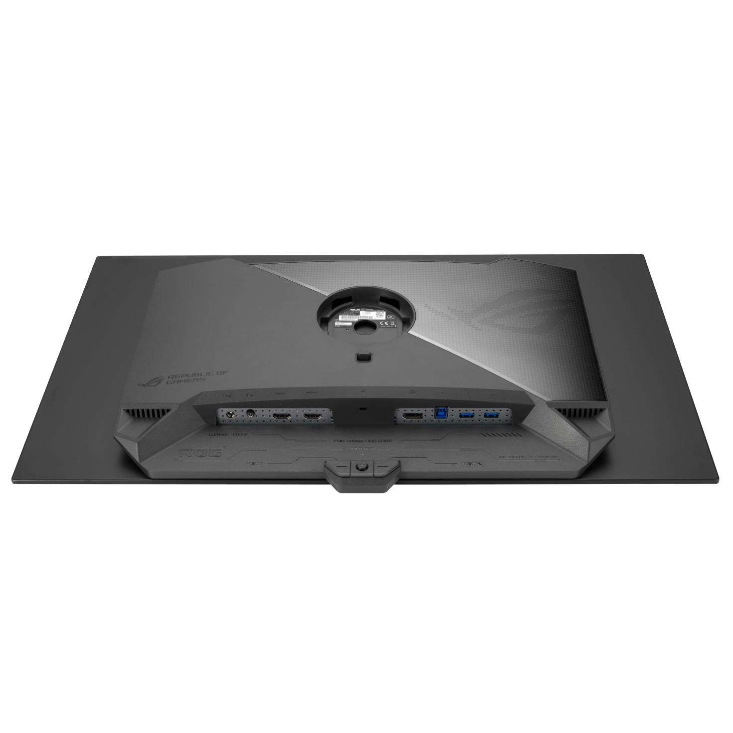 Tył czarnego monitora gamingowego z portami i logo ROG.