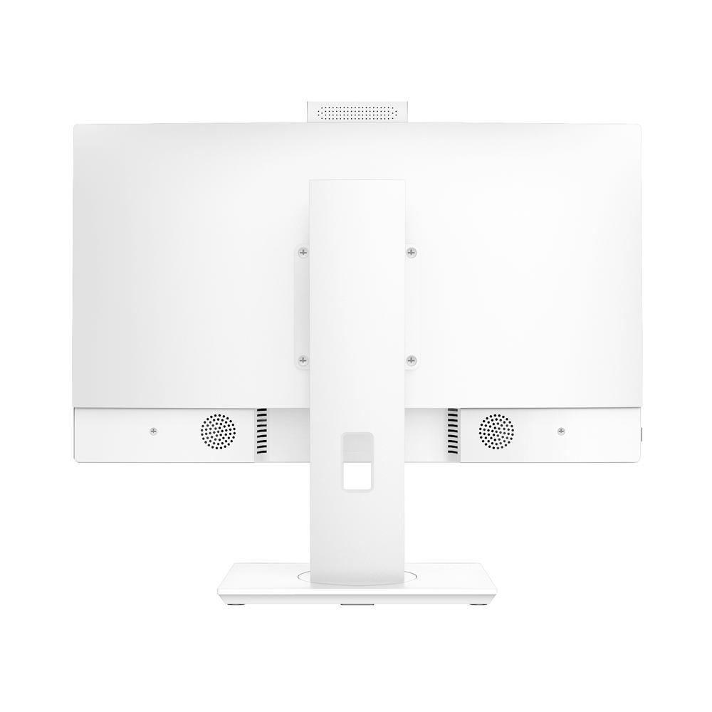 Parte trasera de una computadora todo en uno blanca con rejillas de altavoz y puntos de montaje.
