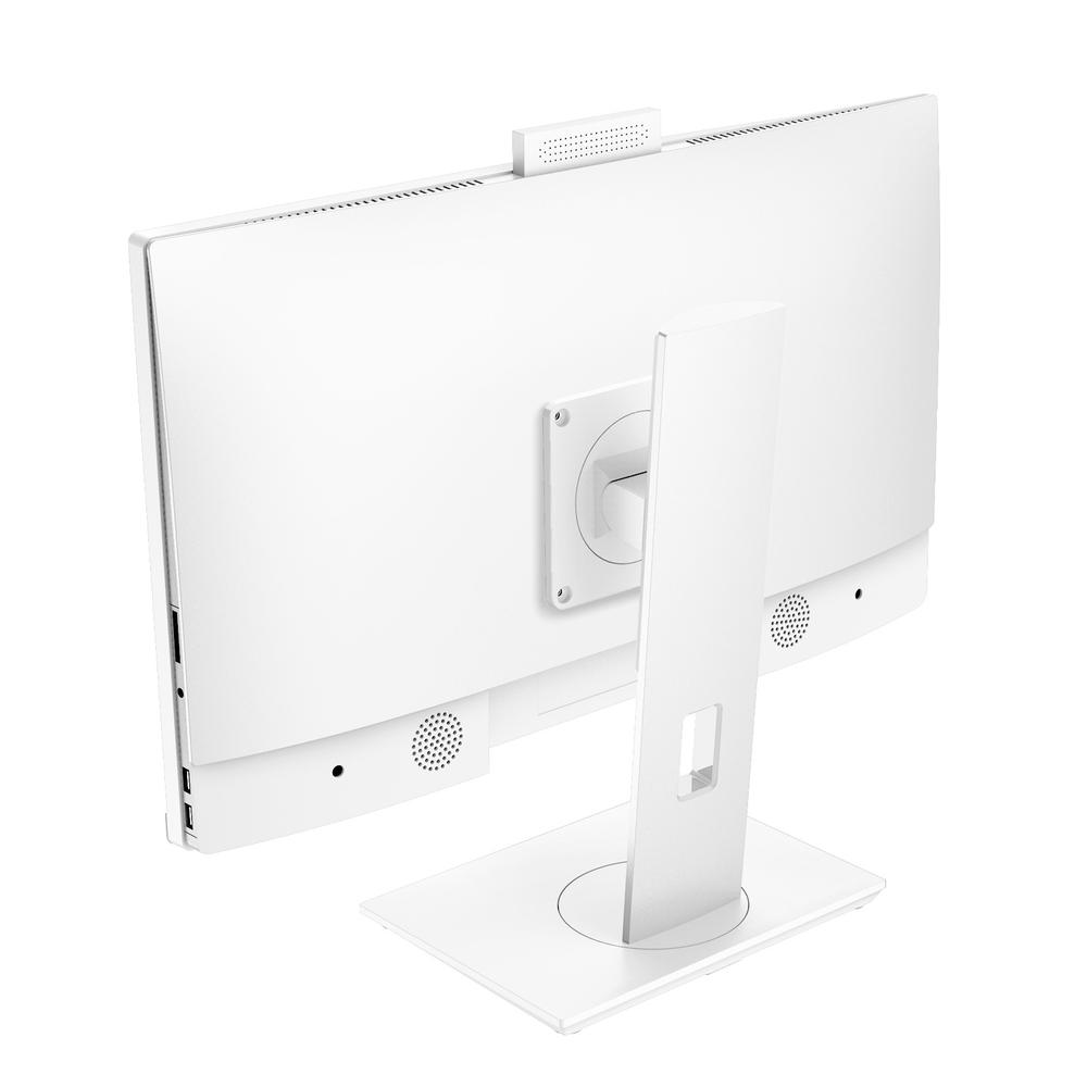 Parte trasera de un monitor blanco con cámara, altavoces y puertos.
