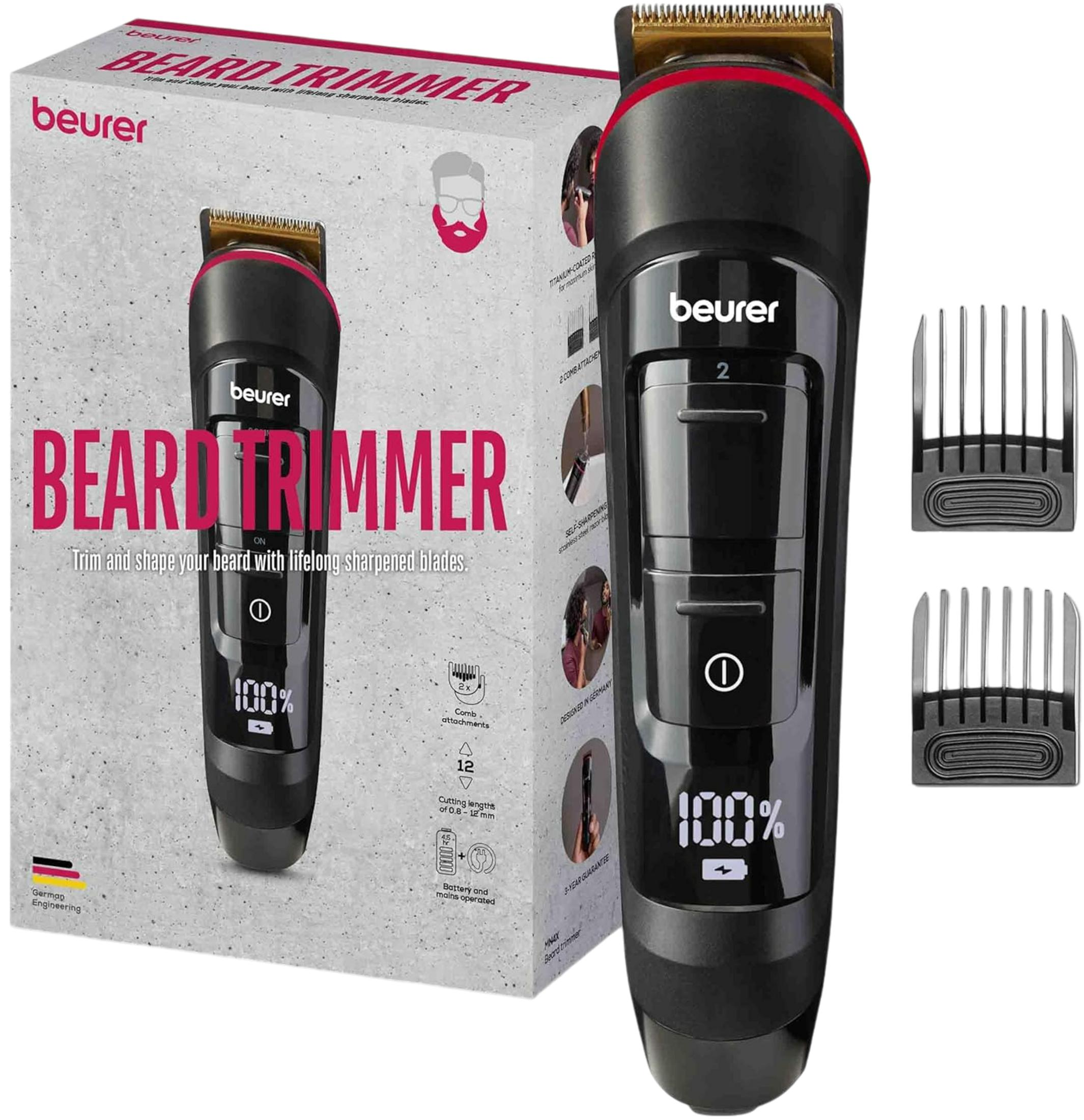 Een zwarte baardtrimmer met laadindicator en accessoires.