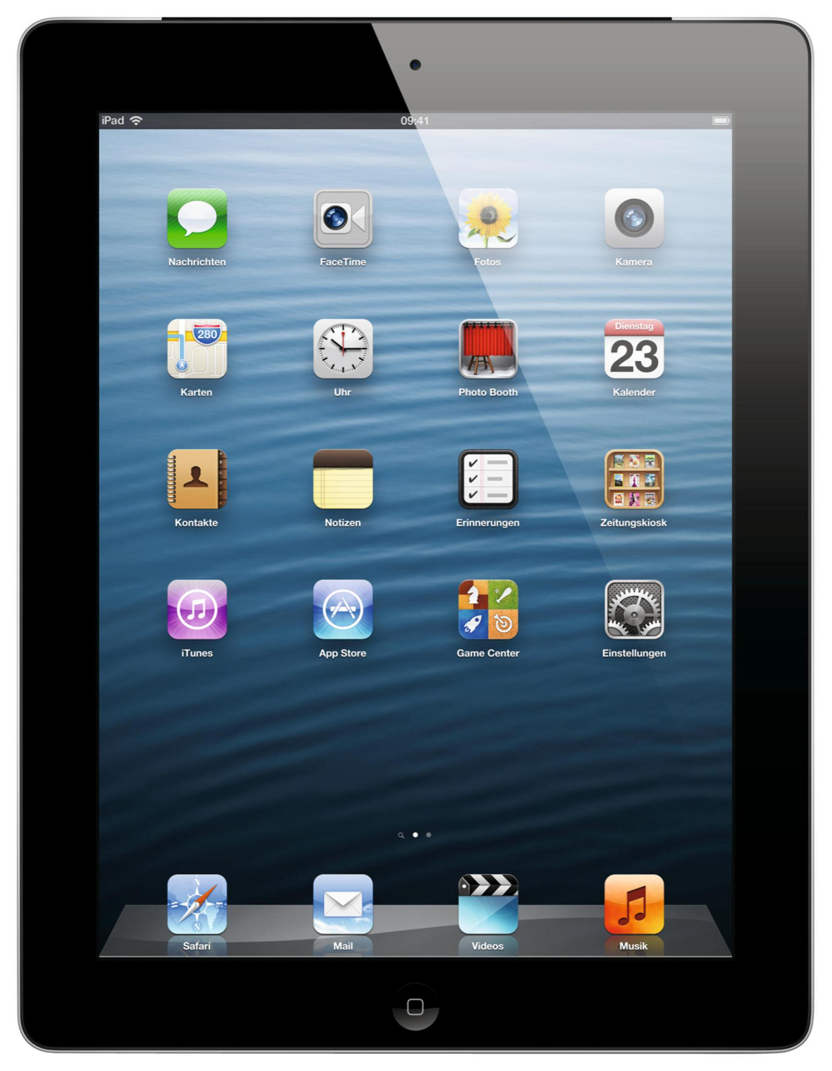 Ein iPad zeigt den Homescreen mit vielen App-Symbolen auf einem blauen Hintergrund.