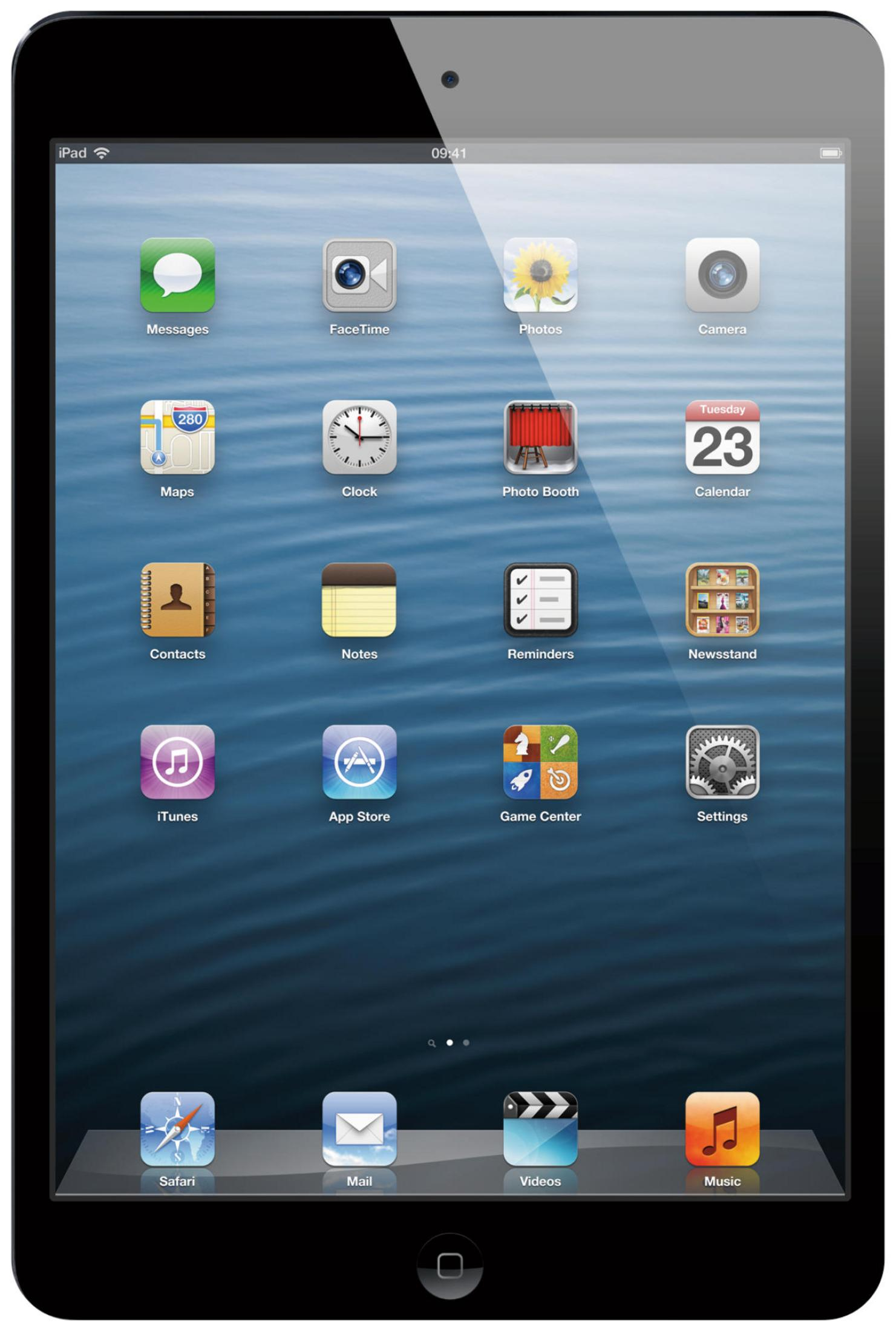 Ein iPad zeigt den Homescreen mit App-Symbolen wie Nachrichten, Kamera und Kalender.