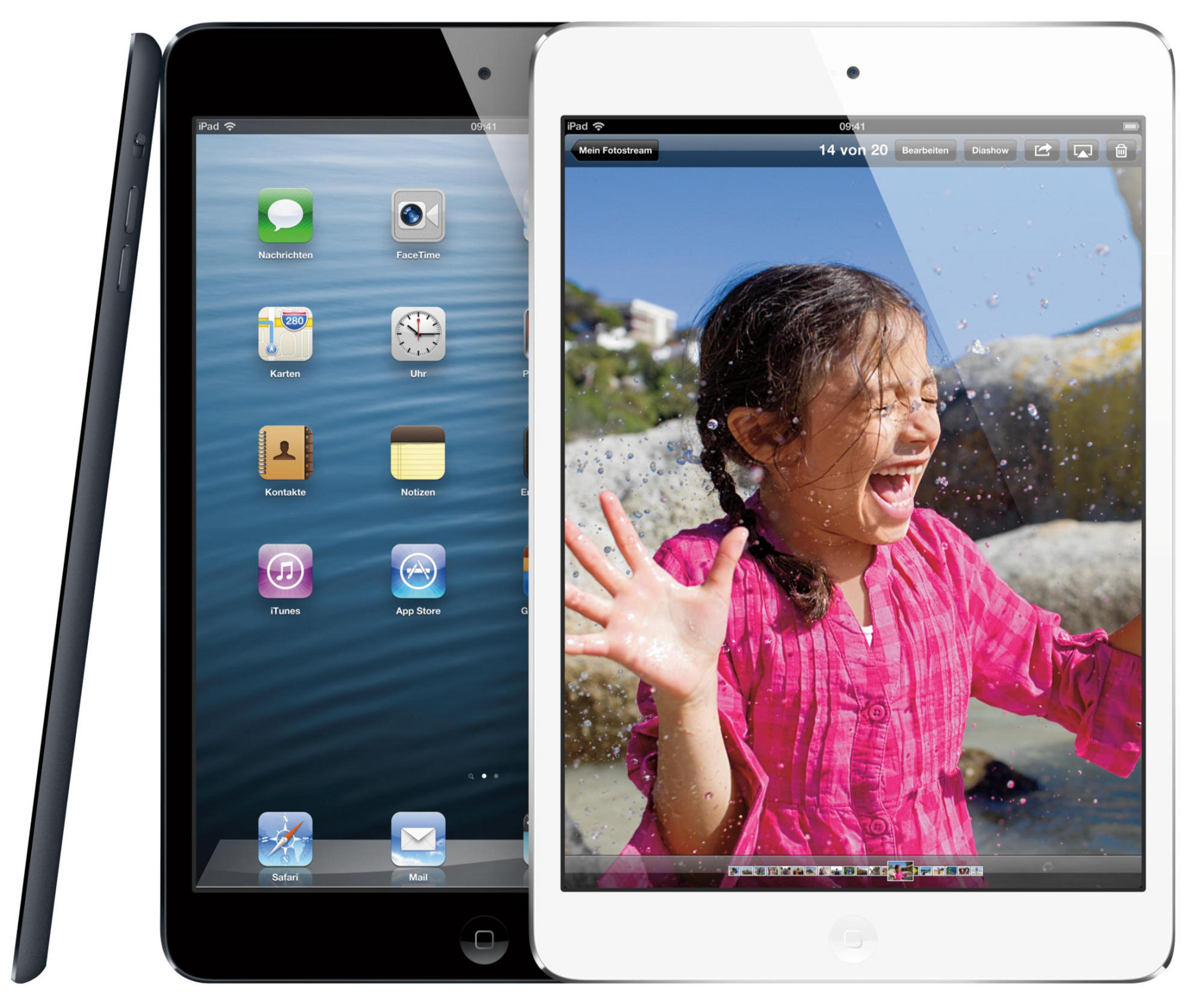 Zwei iPads, eins schwarz, eins weiß. Auf dem weißen ist ein lachendes Mädchen mit Wasserspritzern.