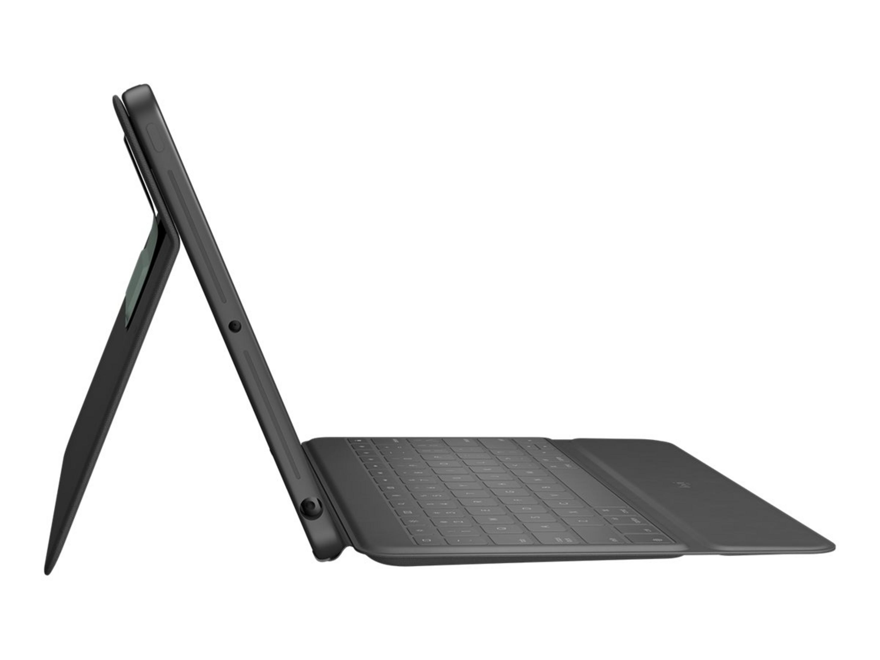 Ein dunkler Tablet-Ständer mit Tastatur im Profil, auf weißem Hintergrund.