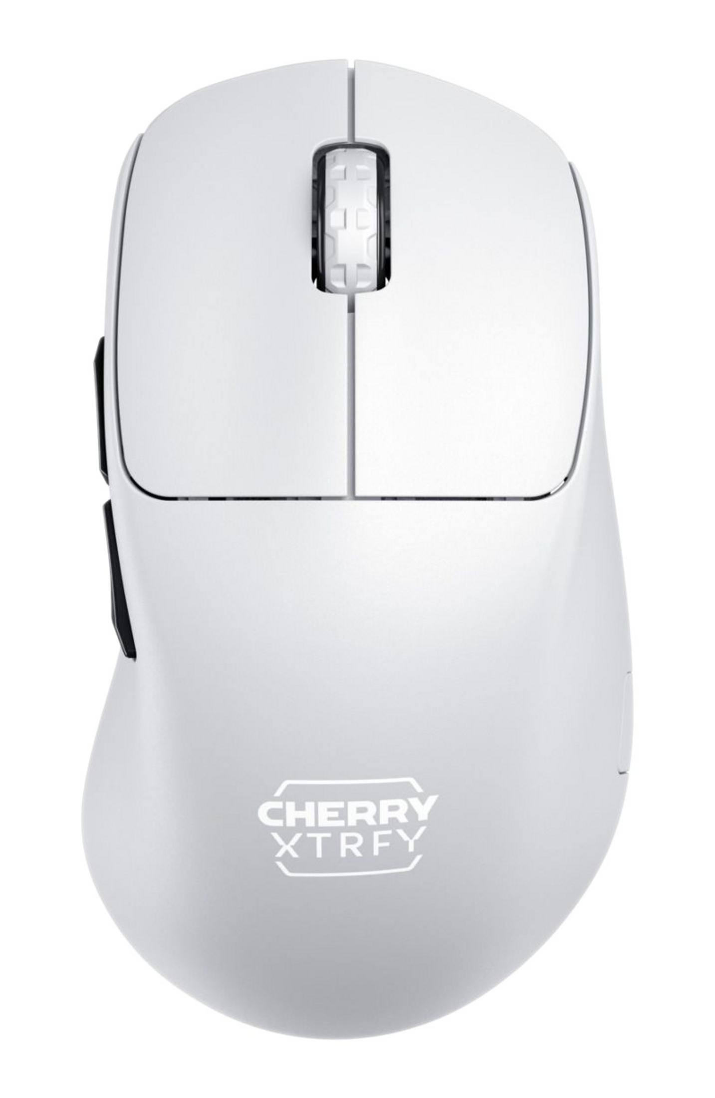 Mouse gaming bianco con rotellina e logo su sfondo bianco.