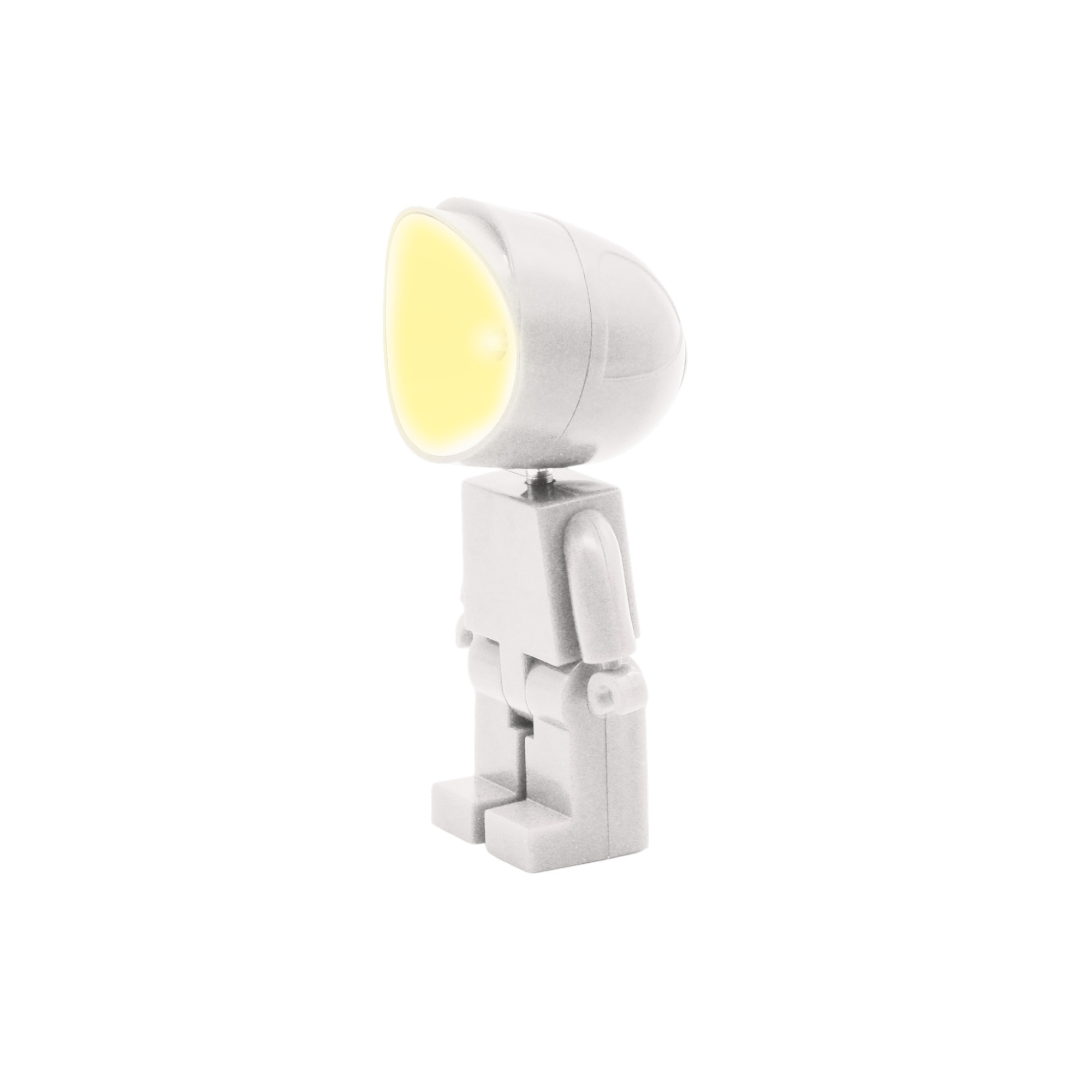 Un piccolo robot grigio con testa gialla luminosa su sfondo bianco.