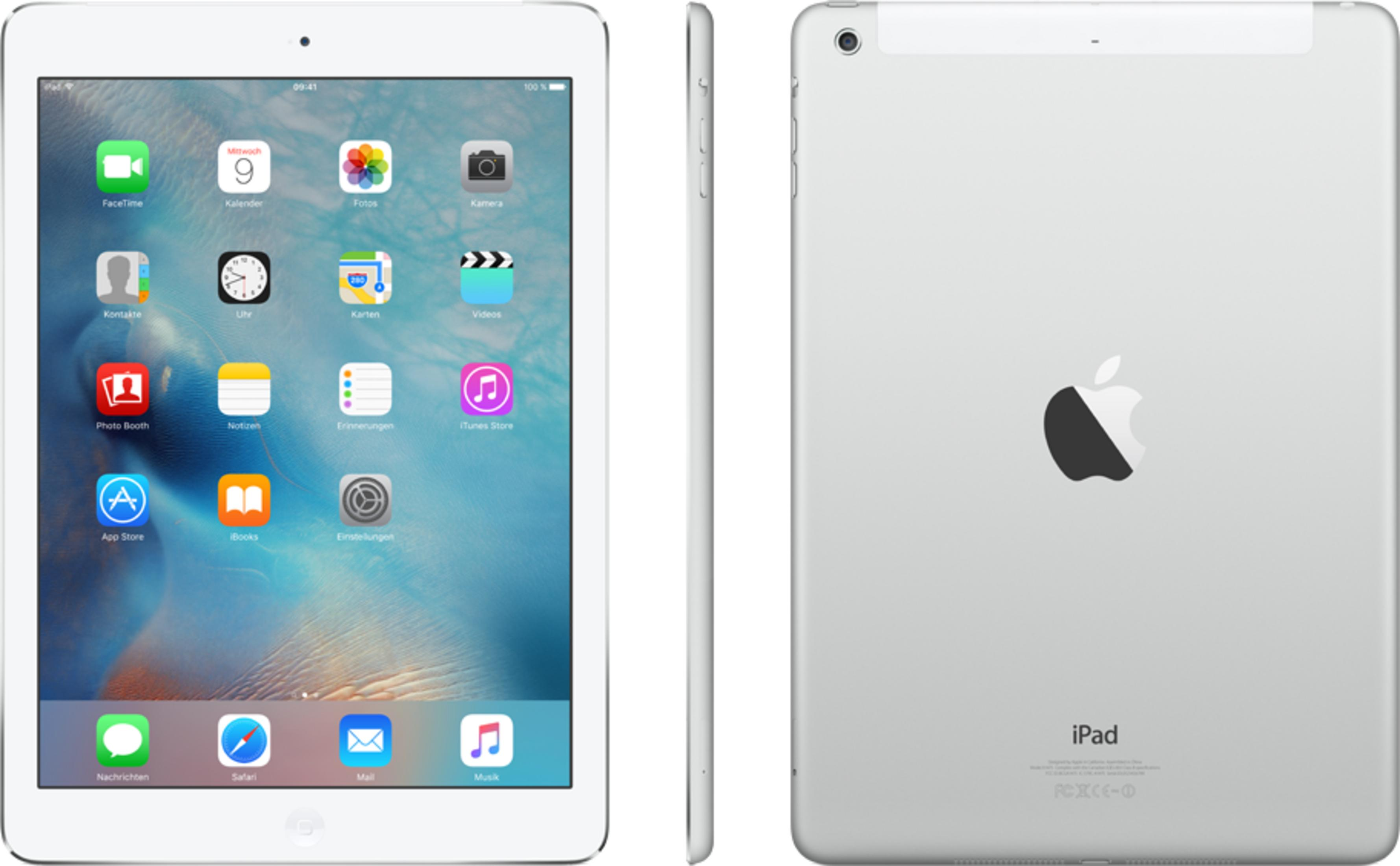 Ein silbernes iPad mit geöffneter App-Übersicht und Rückseite.