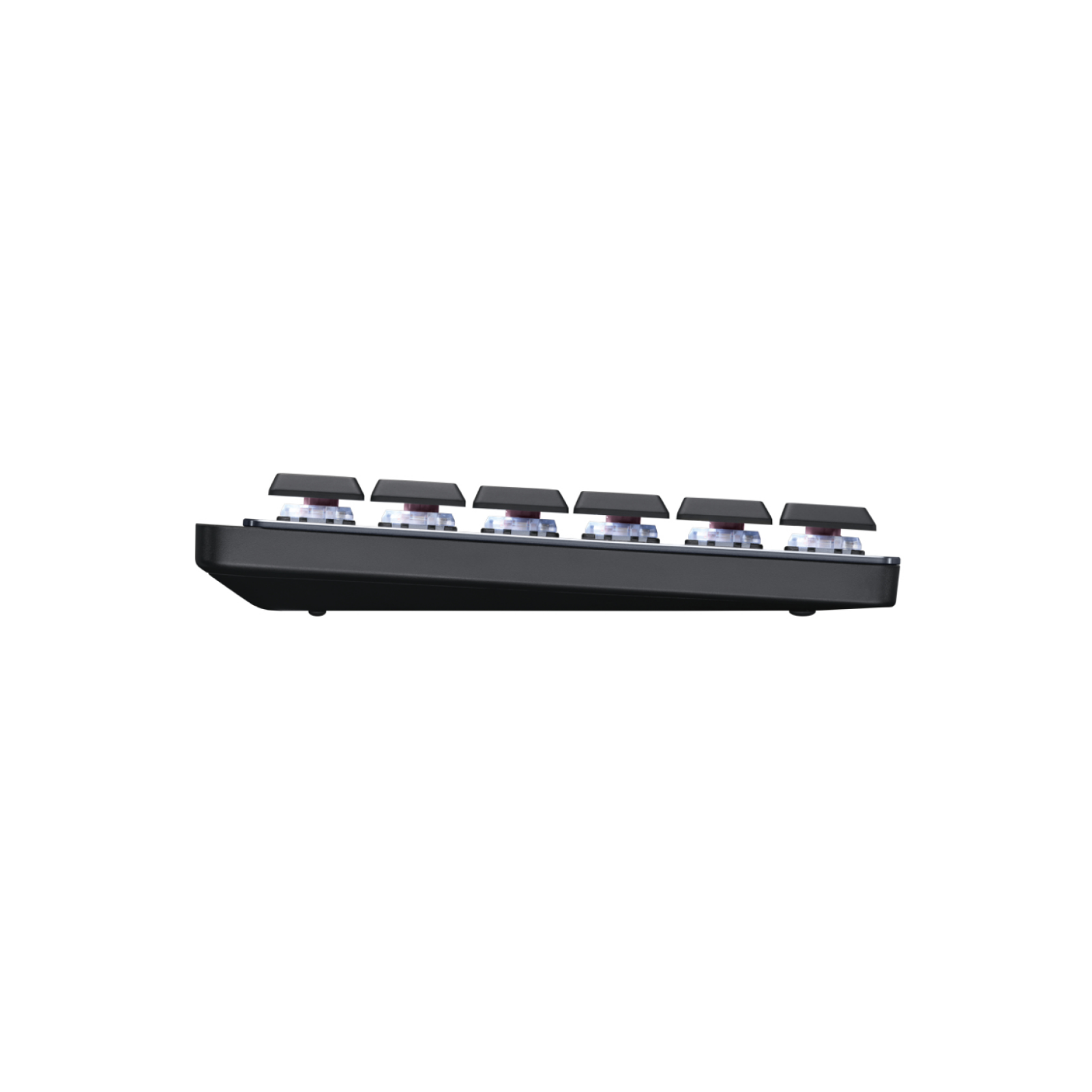 Schwarze Tastatur mit roten Schaltern, von der Seite gesehen.