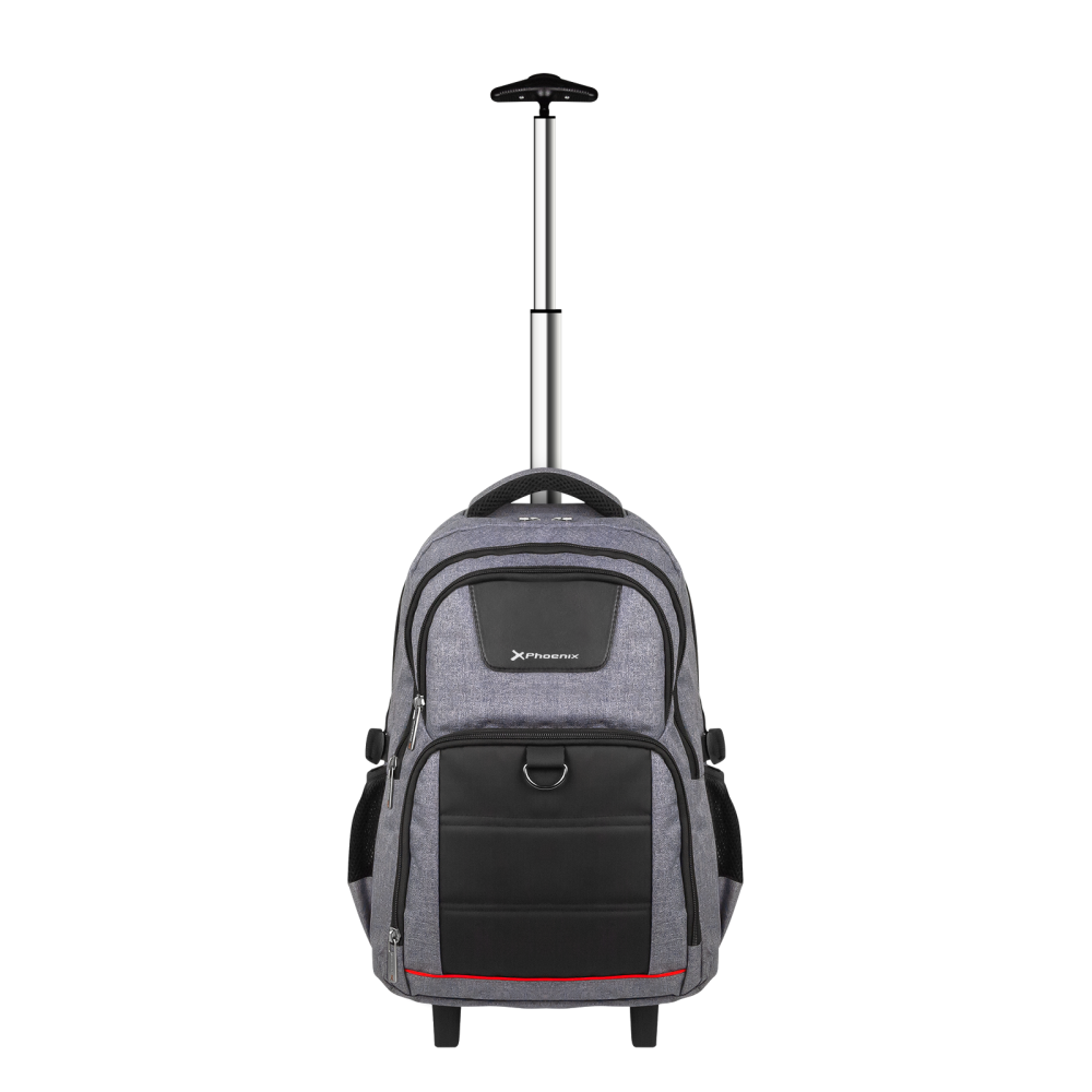 Mochila gris con ruedas, panel negro y tira roja.